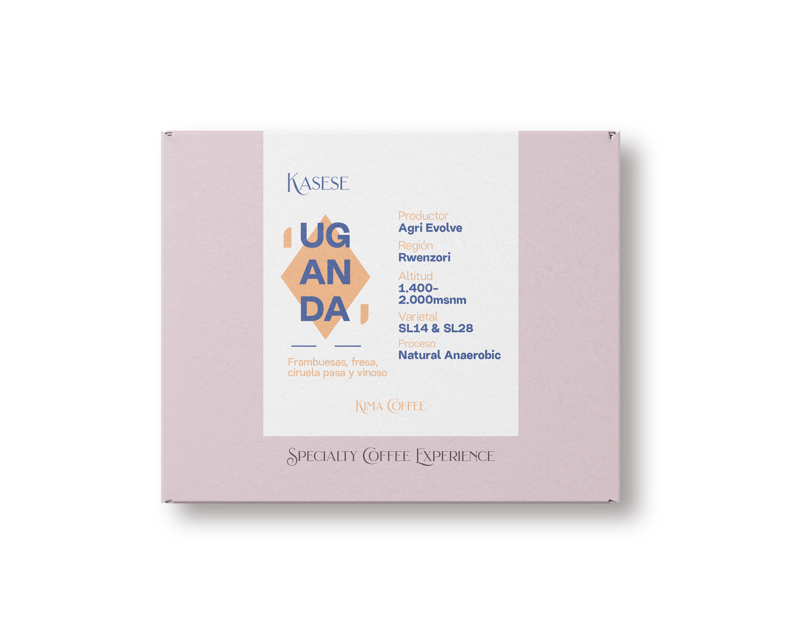 Caja rosa de kima coffee, cafe de Uganda, finca kasese producido por agri evole en la región rewenzori a una altitud entre 1400 y 2000 metros sobre el nivel del mar, varietal SL 14 y SL 28, proceso natural anaerobic y notas a Frambuesas, fresa, ciruela pasa y vinoso