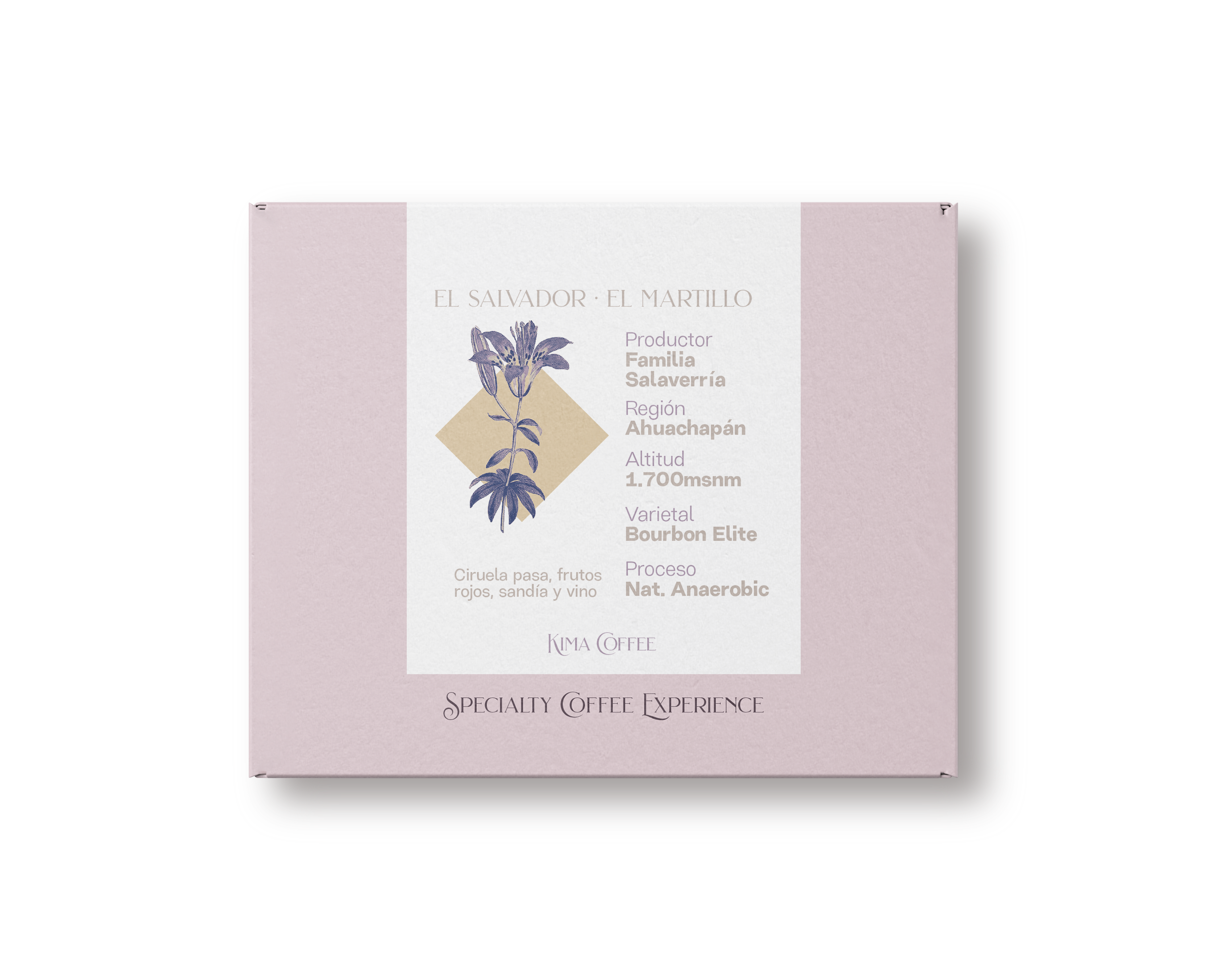 Caja rosa de kima coffee, café del Salvador, finca el martillo, producido por Familia Salaverría en la región de Ahuachapán cultivado a 1.700 metros sobre el nivel del mar, varietal bourbon elite, proceso natural anaerobic con notas a Ciruela pasa, frutos rojos, sandía y vino.