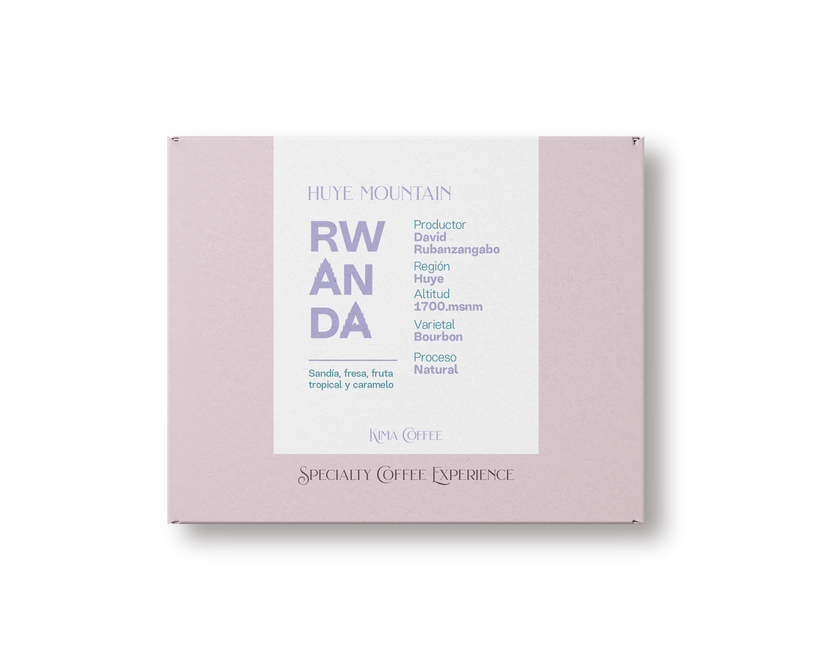 Caja rosa de kima coffee, café de Ruanda, finca huye mountain, producido por David Rubanzangabo, altitud de 1700 metros sobre el nivel del mar, varietal bourbon, proceso natural, región de huye con notas a Sandía, fresa, fruta tropical y caramelo