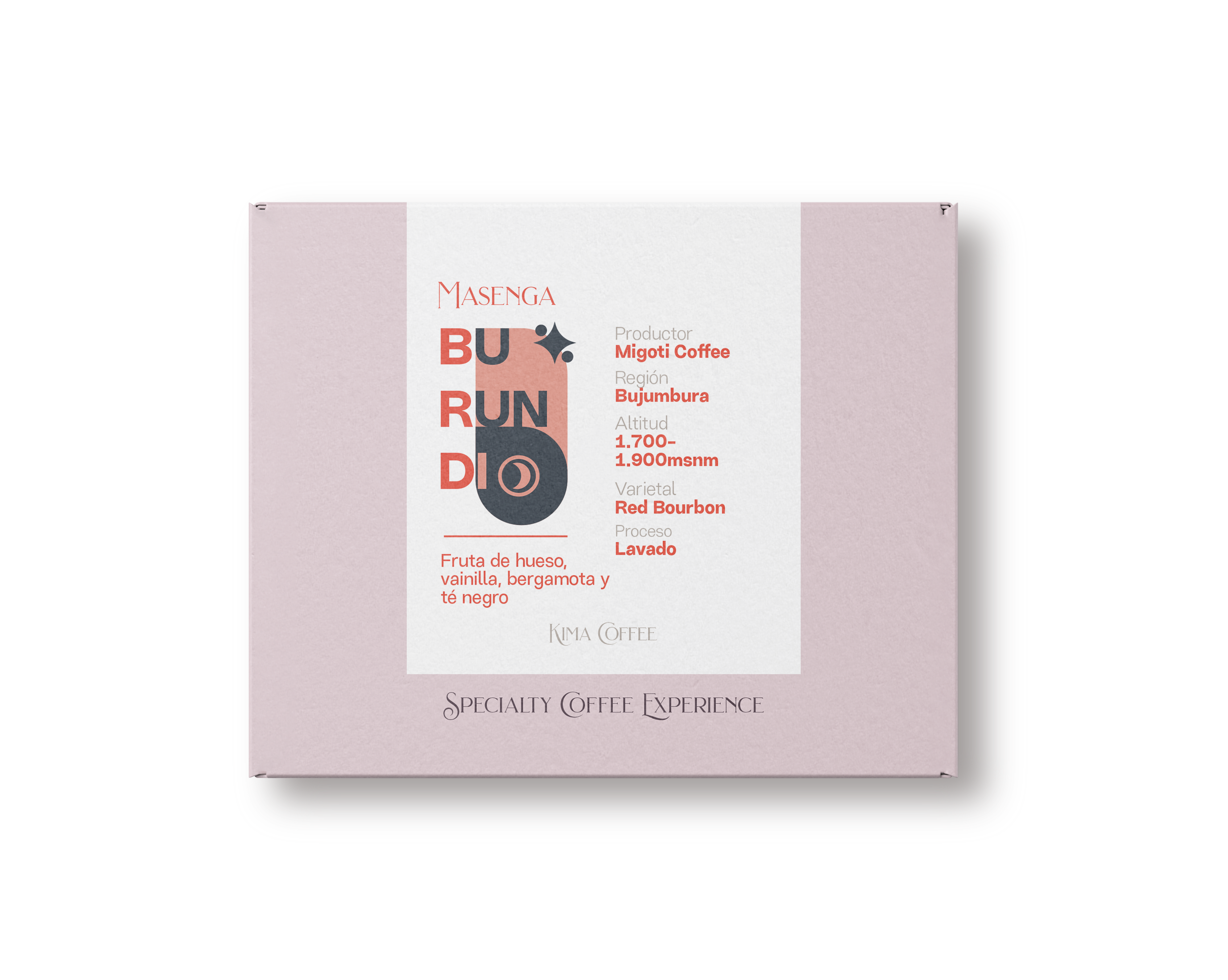 Caja rosa de café de kima coffee, café de Burundi, finca masenga , producido por migoti hill , región de Bujumbura, altitud entre 1700 y 1900 metros sobre el nivel del mar, varietal red bourbon, proceso lavado con notas a Fruta de hueso, vainilla, bergamota y
té negro.
