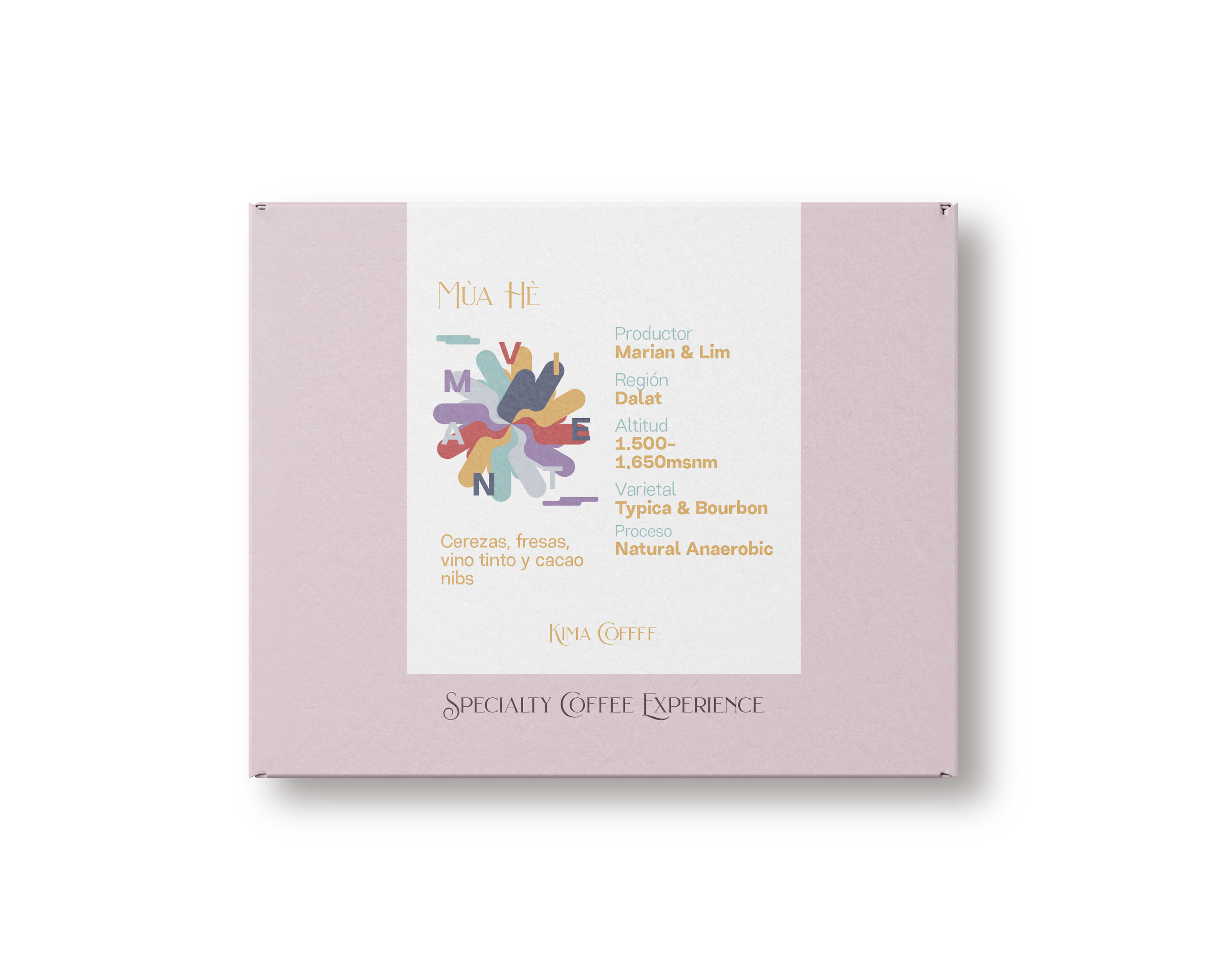 Caja rosa de café, café de Vietnam, finca múa hé producido por Marian y Lim en la región de dalat, altitud entre 1500 y 1650 metros sobre el nivel del mar, varietal typica y bourbon con notas a Cerezas, fresas,
vino tinto y cacao nibs