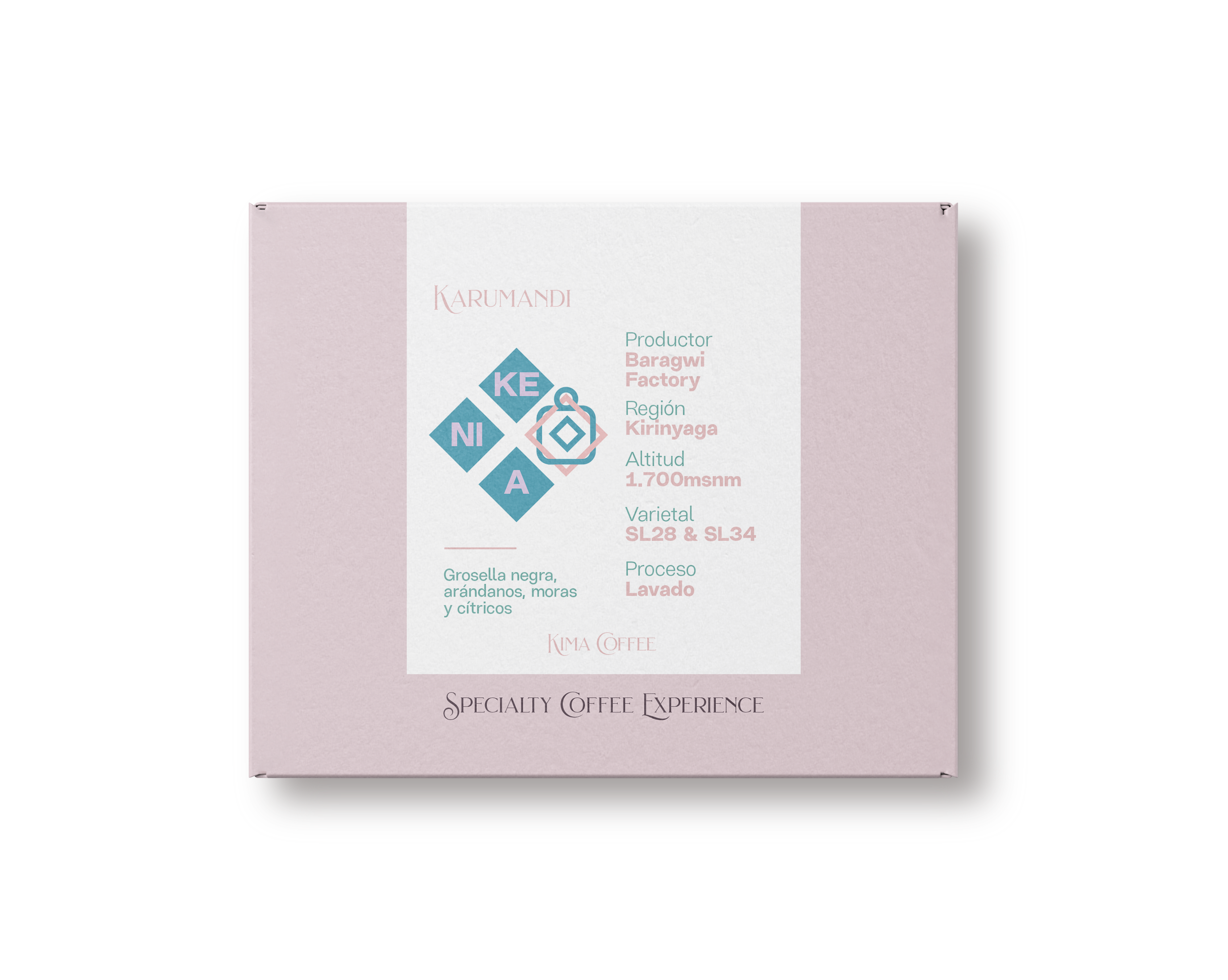 Caja rosa de kima coffee, café de Kenia, finca karumamdi producido por Baragwi
Factory cultivado a 1700 metros sobre el nivel del mar en la región de kirinyaga, varietal SL28 & SL34, Proceso lavado con notas a Grosella negra, arándanos, moras y cítricos.