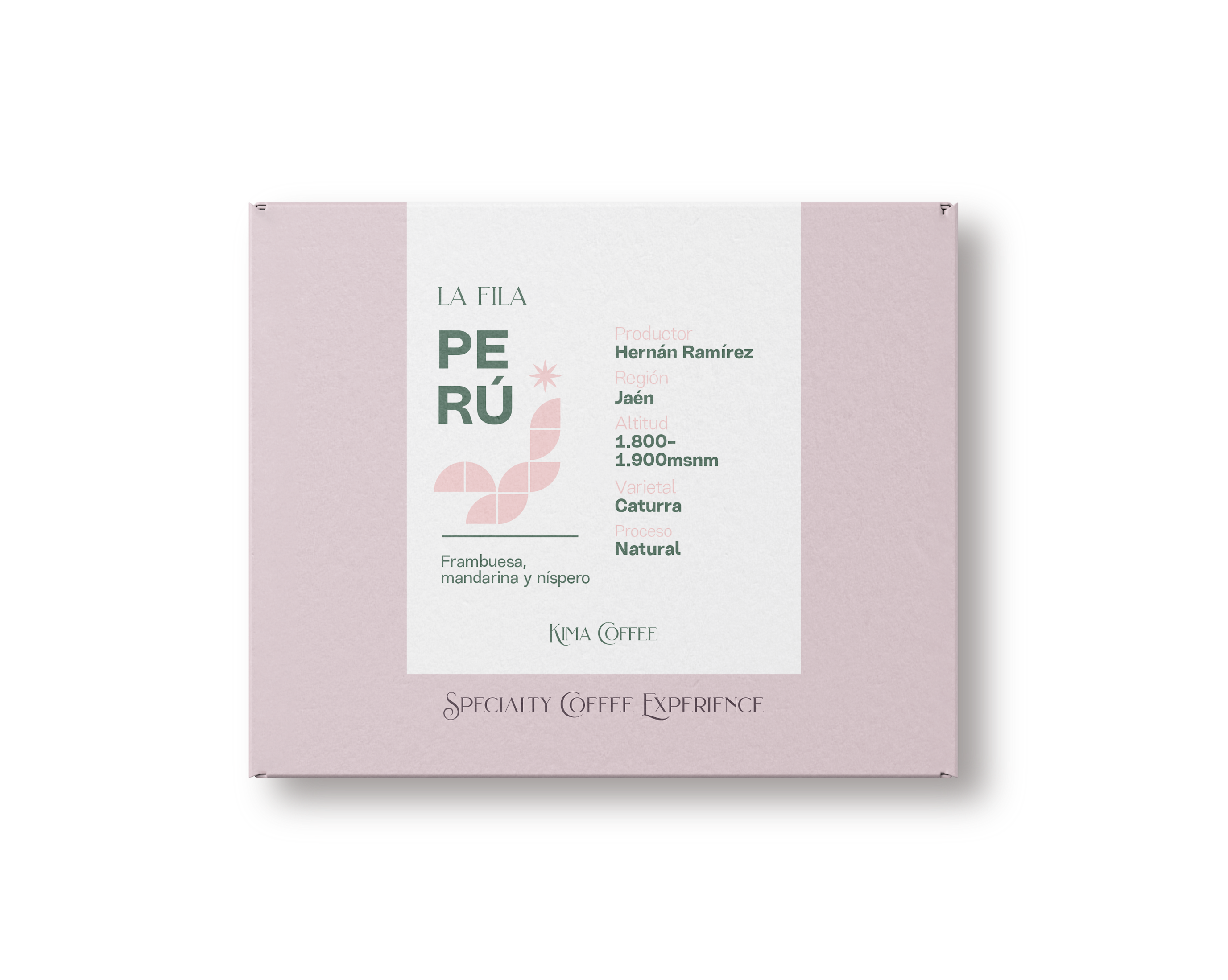 Caja rosa de Kima coffee, café de peru finca la fila producido por Hernán Ramírez Vázquez en la región de Jaén, cultivado entre 1800 y 1900 metros sobre el nivel del mar, varietal caturra y pache, proceso natural con notas a Frambuesa, mandarina y níspero.