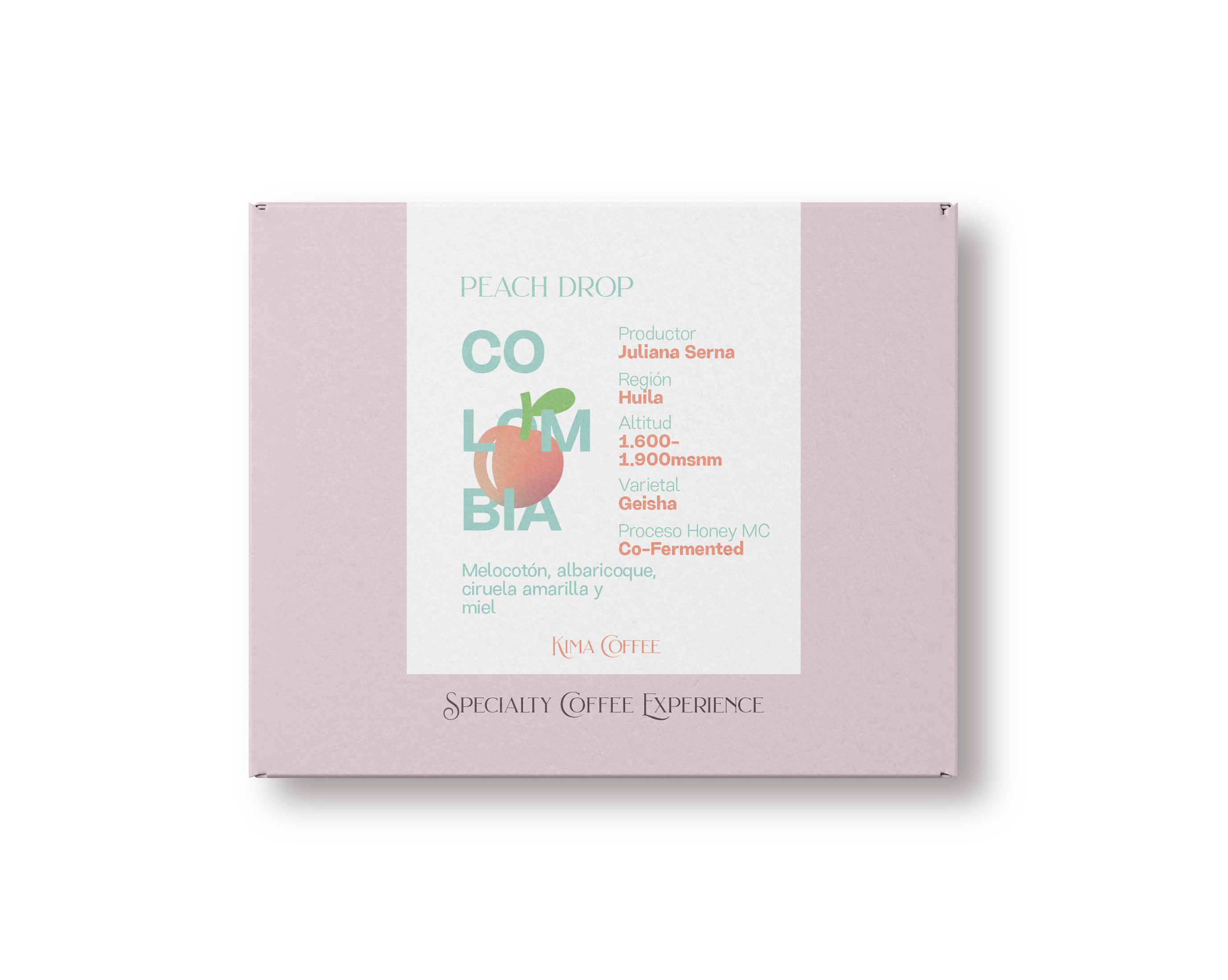 Caja rosa de kima coffee, café de Colombia, finca peach droop producido por Juliana Serna en la región de Huila, cultivado entre 1600 y 1900 metros sobre el nivel del mar, proceso honey  maceración carbonica co-fermented con notas a Melocotón, albaricoque, ciruela amarilla y miell