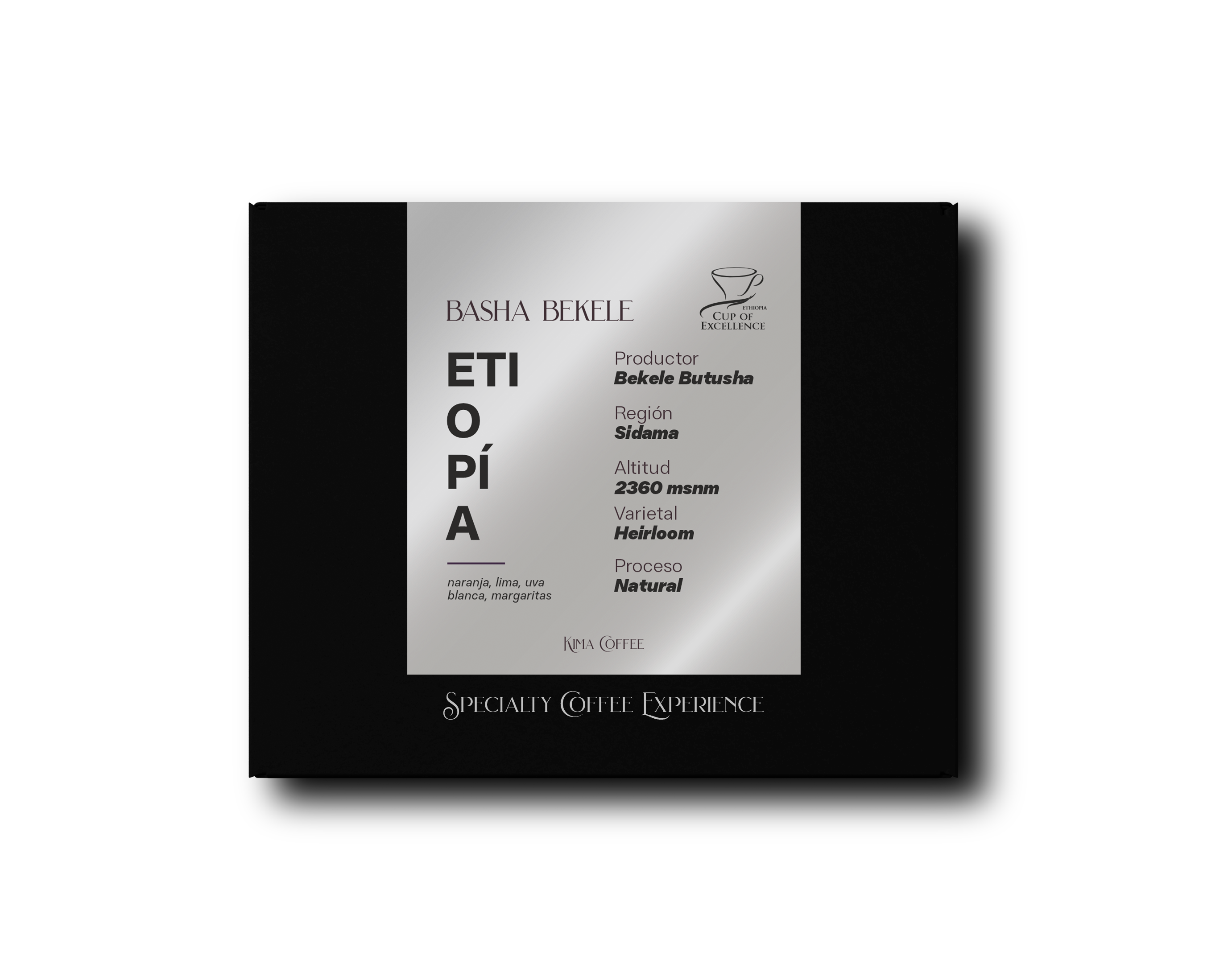 Caja negra de kima coffee, café de Etiopía, finca basha Bekele, producido por Bekele Butusha en la región de Sudama, cultivado a 2360 metros sobre el nivel del mar, varietal Heirloom , proceso natural con notas a naranja, lima, uva blanca y margaritas 