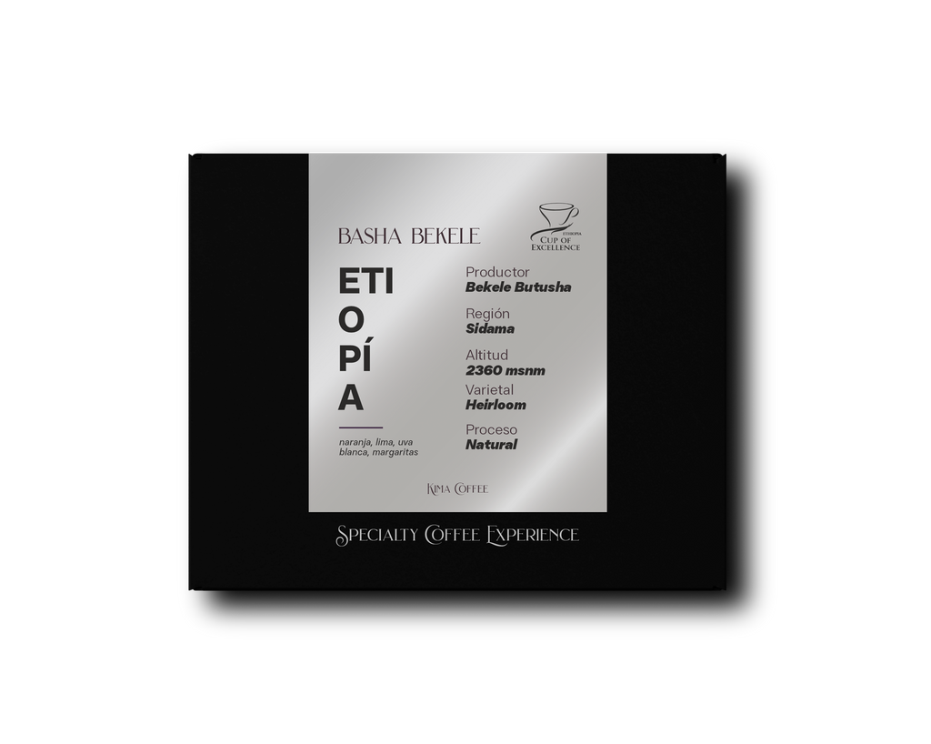 Caja negra de kima coffee, café de Etiopía, finca basha Bekele, producido por Bekele Butusha en la región de Sudama, cultivado a 2360 metros sobre el nivel del mar, varietal Heirloom , proceso natural con notas a naranja, lima, uva blanca y margaritas 