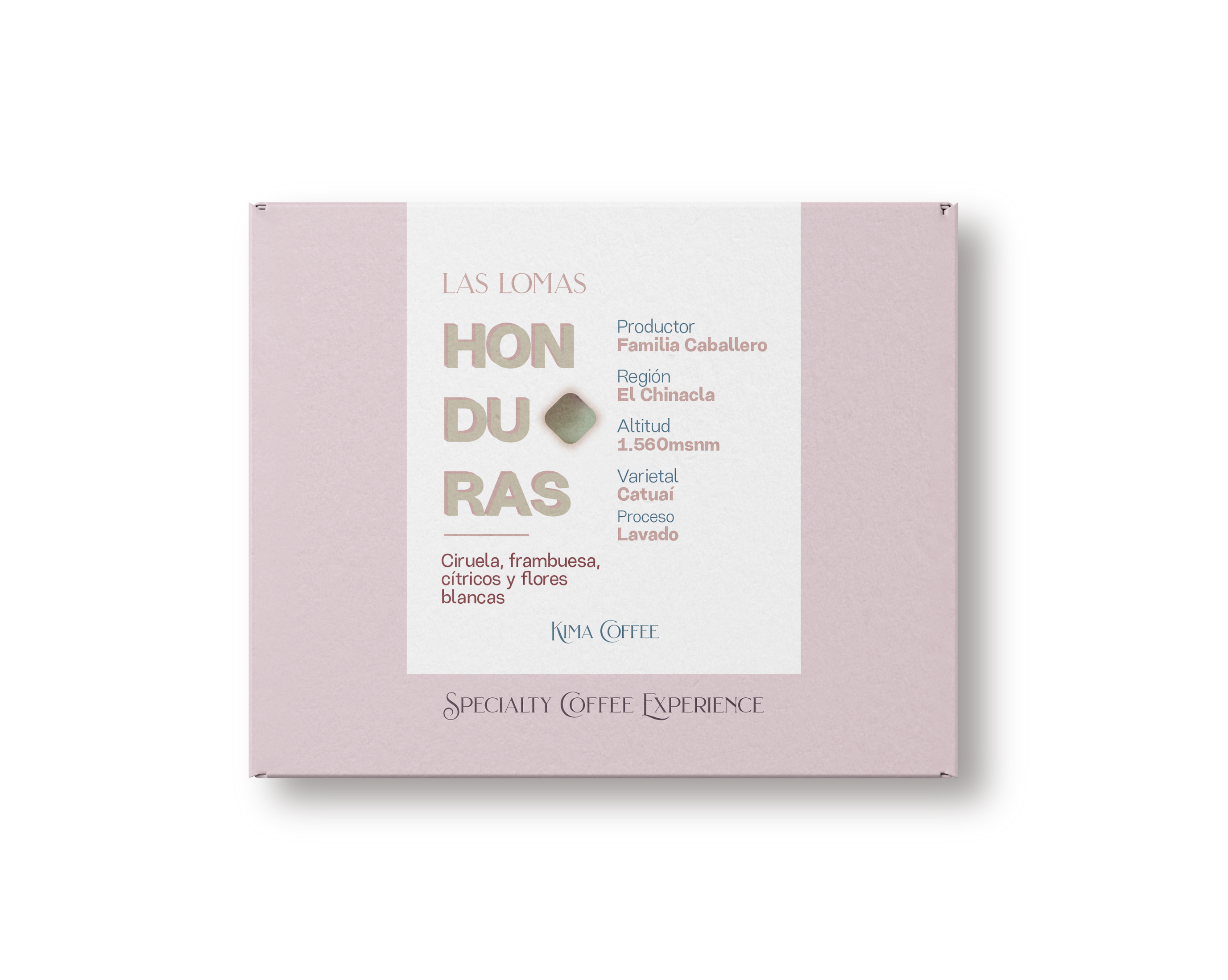 Caja rosa de kima coffee, café de Honduras, finca las lomas, producido por la familia caballero en la región de Chinacla, cultivado a 1560 metros sobre el nivel del mar, varietal catuai, proceso lavado con notas a Ciruela, frambuesa, cítricos y flores blancas.