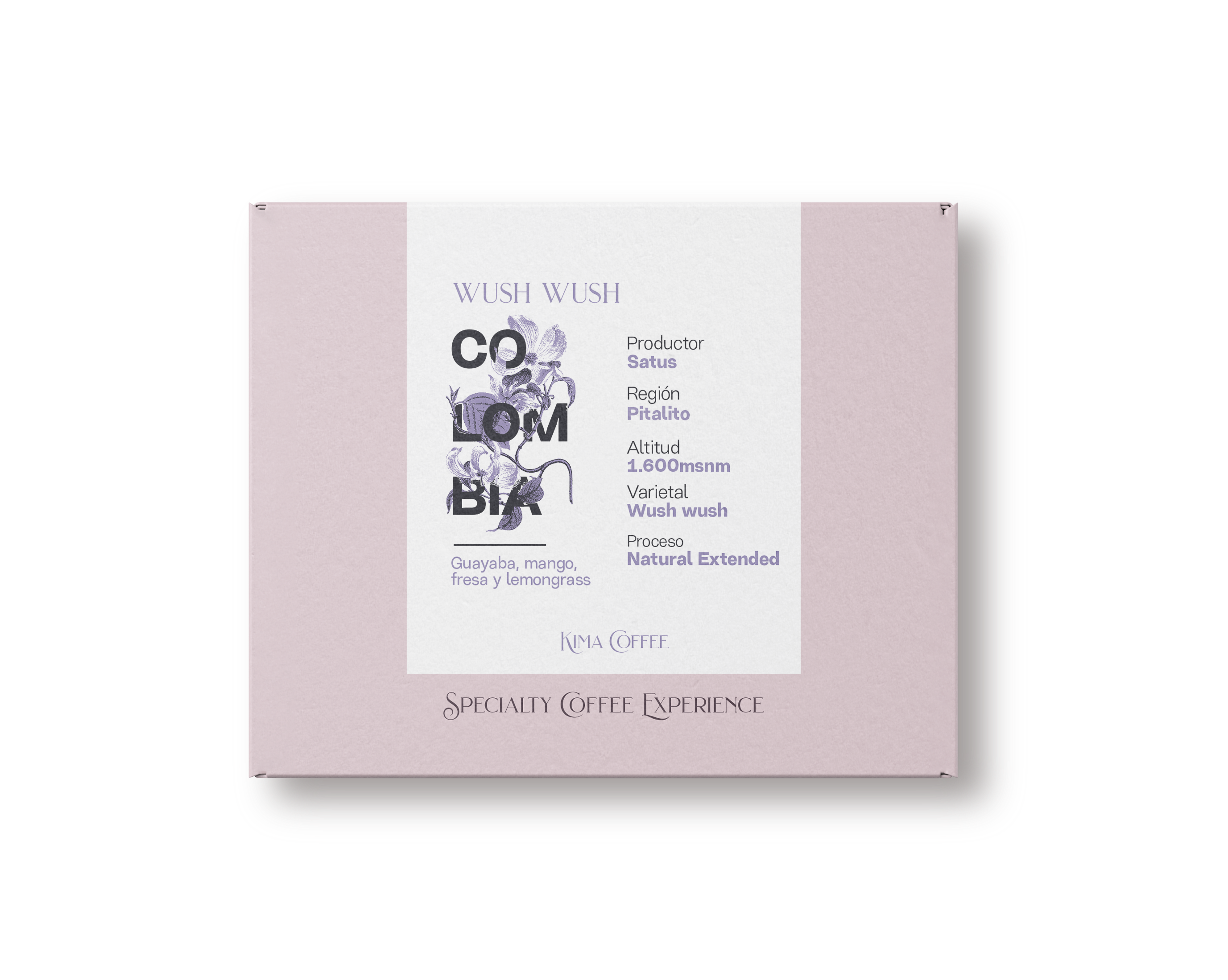 Caja rosa de kima coffee, cafe de Colombia wush wush, producido por satus, en la región de pitalito, cultivado a 1600 metros sobre el nivel del mar, varietal wush wush, proceso natural extendido, con notas a Guayaba, mango, fresa y lemongrass