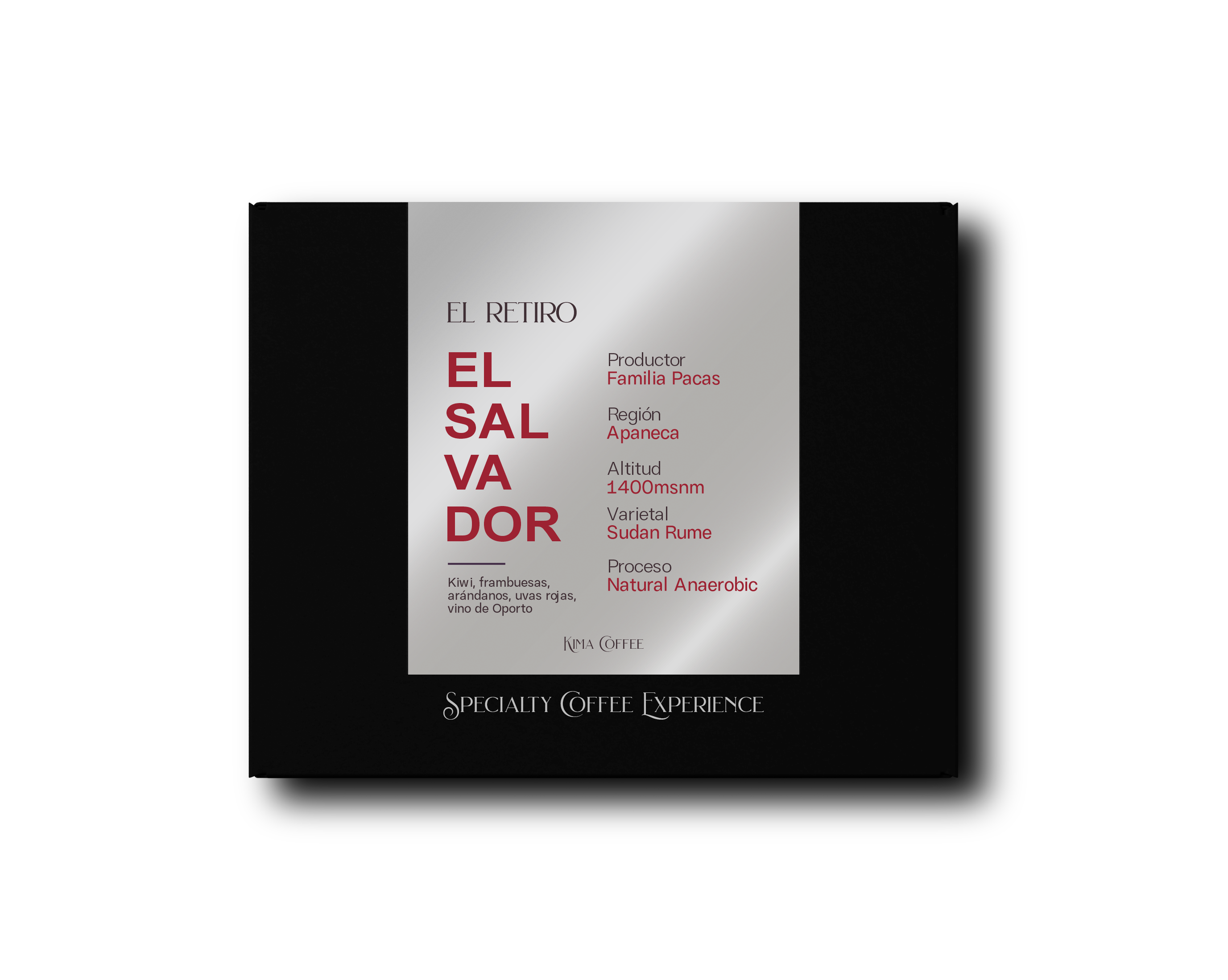 Caja negra de kima coffee, café de El Salvador, finca el retiro, producido por la familia pacas , en la región de apaneca, cultivado a 1400 metros sobre el nivel del mar, varietal Sudán Rume, proceso natural aaerobic, no tas a kiwi, frambuesas, arándanos, uvas rojas y vino oporto 