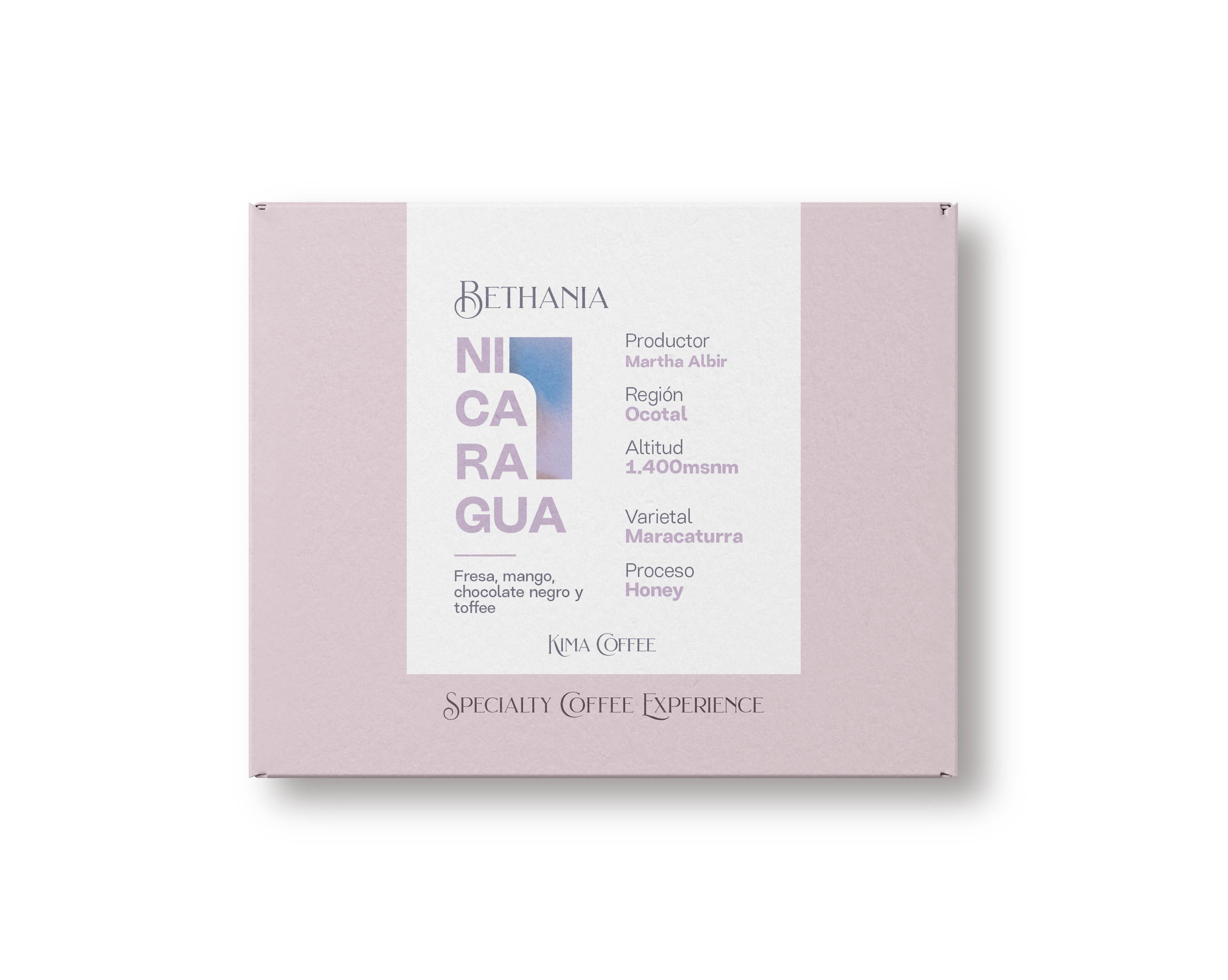 Caja rosa de café de kima coffee, cafe de Nicaragua, producido por Martha albur en la región de ocotal, Cultivado a una altitud de 1400 metros sobre el nivel del mar, varietal maracaturra,
Proceso honey con notas a fresa, mango, Chocolate negro y toffee. 