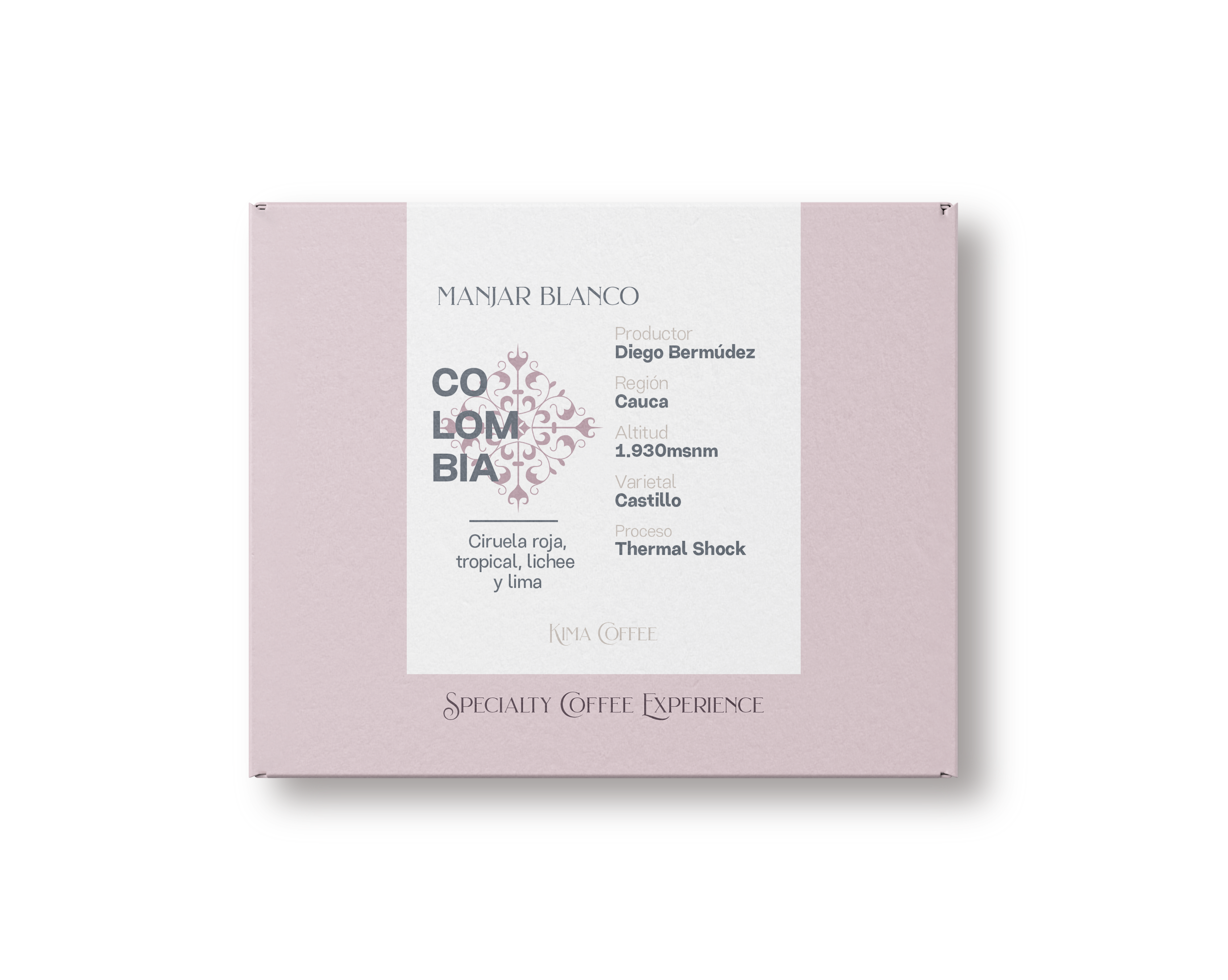 Caja rosa de kima coffee, café de Colombia, manjar blanco, producido por Diego Bermúdez, en la región de Cauca, cultivado a 1930 metros sobre el nivel del mar, varietal Castillo, proceso thermal shock, con notas Ciruela roja, tropical, lichee y lima
