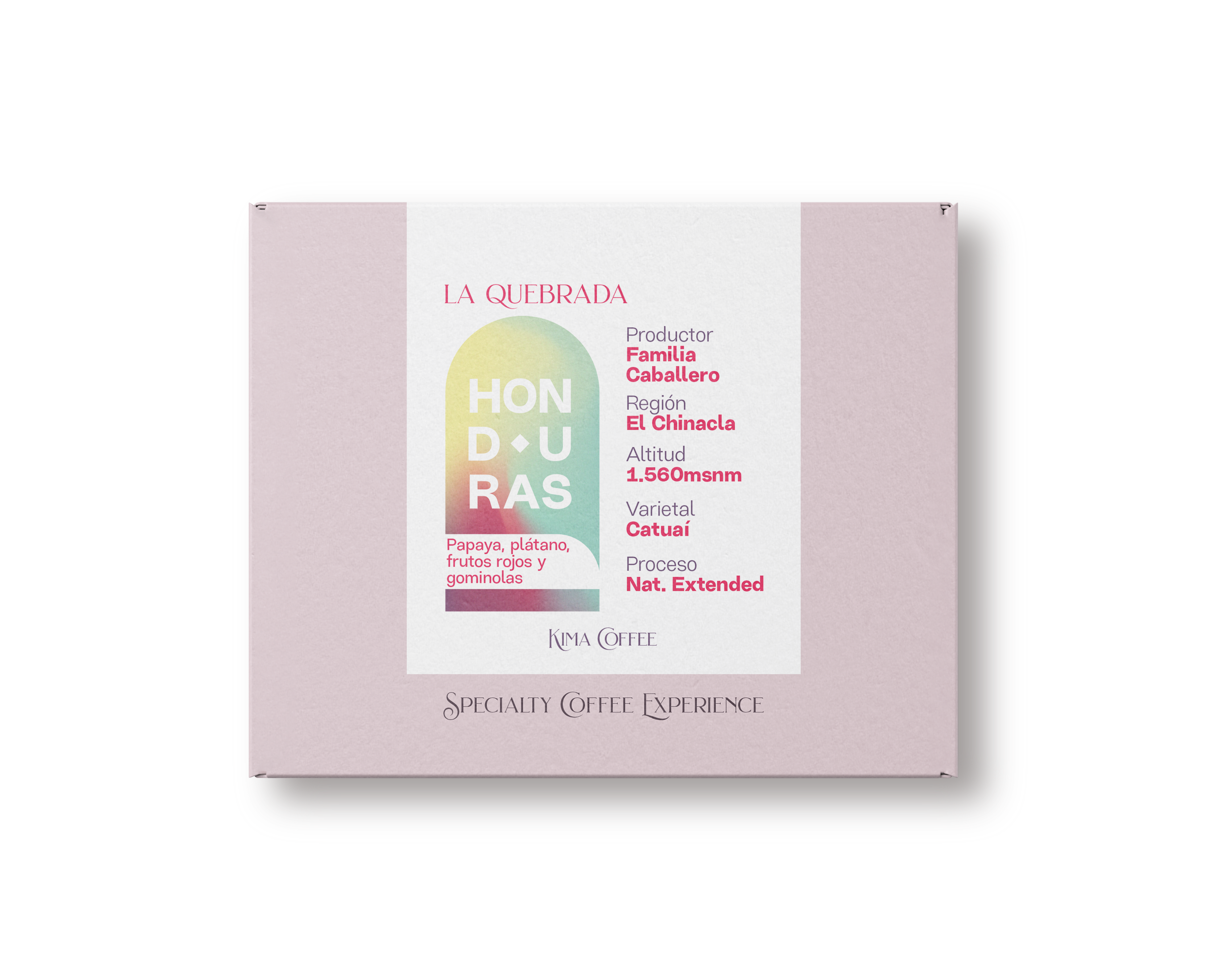 Caja rosa de kima coffee, café de Honduras, finca la quebrada, producido por la familia caballero en la región de Chinacla, cultivado a 1560 metros sobre el nivel del mar, varietal catuai, proceso natural extendido con notas a Papaya, plátano, frutos rojos y gominolas.