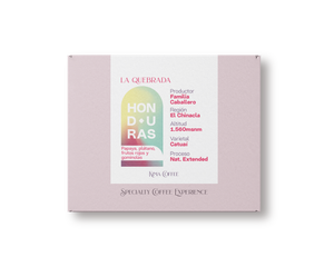 Caja rosa de kima coffee, café de Honduras, finca la quebrada, producido por la familia caballero en la región de Chinacla, cultivado a 1560 metros sobre el nivel del mar, varietal catuai, proceso natural extendido con notas a Papaya, plátano, frutos rojos y gominolas.