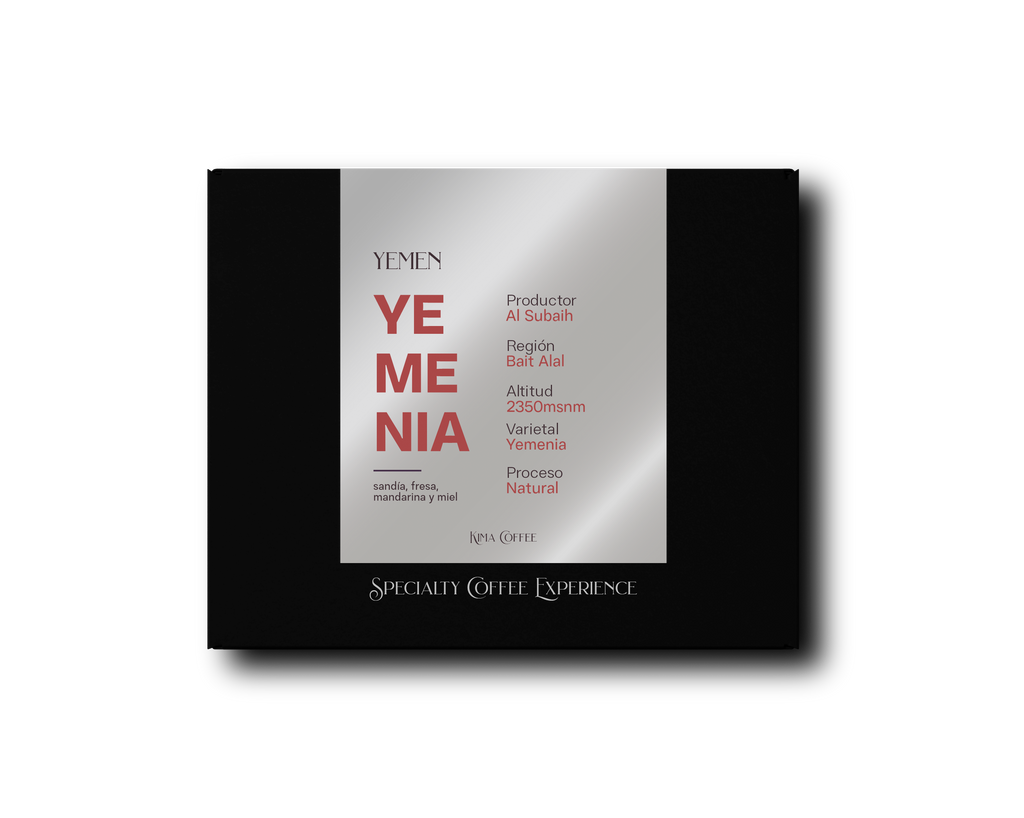 Caja negra de kima coffee, cafe de Yemen, Yemenia producido por al subaih, región bait alal, altitud de 2350 metros sobre el nivel del mar, varietal yemenia, proceso natural con notas a sandía, fresa, mandarina y miel 