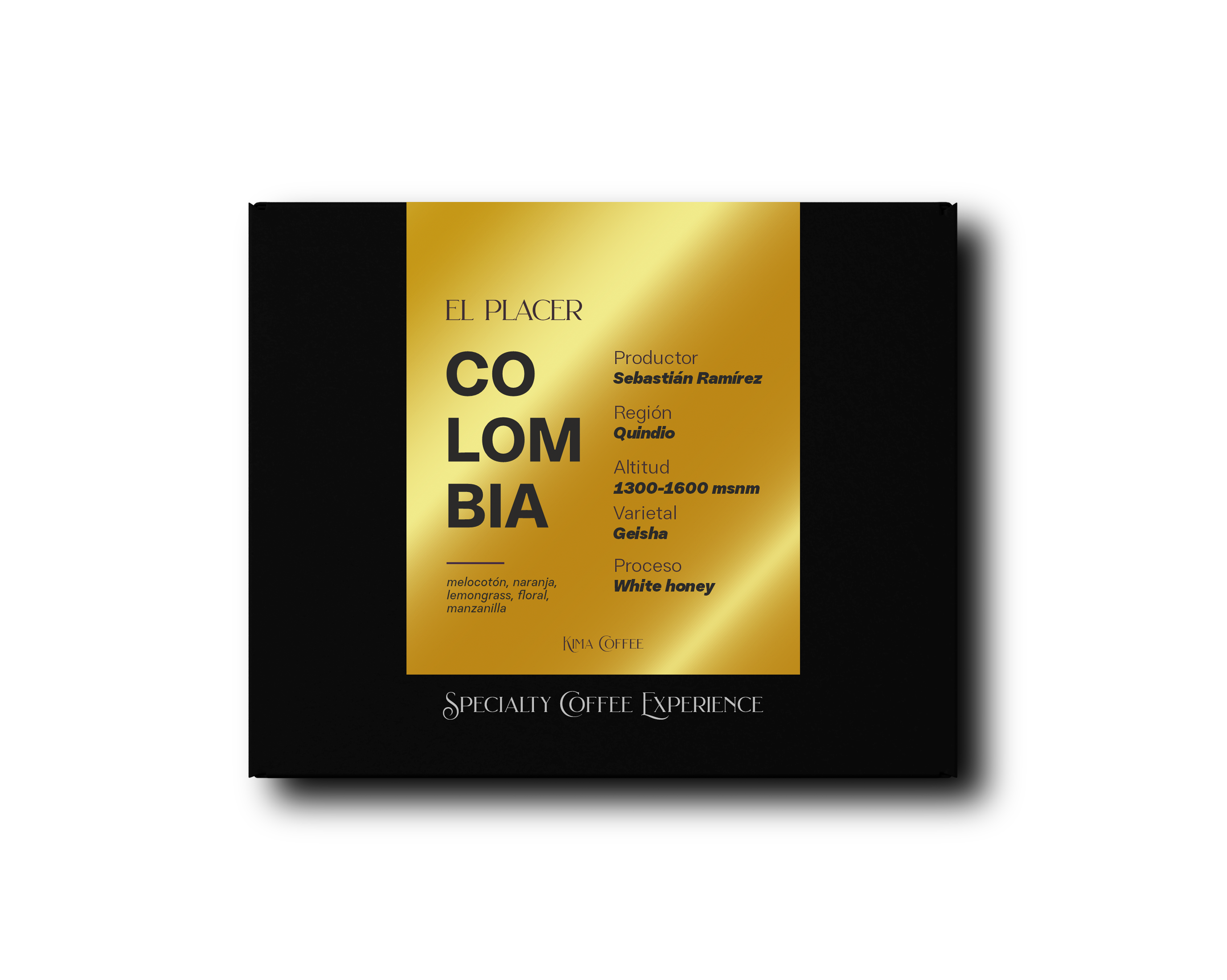 Caja de café negra de kima coffee, café de Colombia, finca el placer,
Producido por Sebastián Ramírez, región de Quindio, altitud entre 1300 y 1600 metros sobre el nivel del mar, varietal geisha, proceso white honey con notas a Melocotón, naranja,
lemongrass, manzanilla y floral
