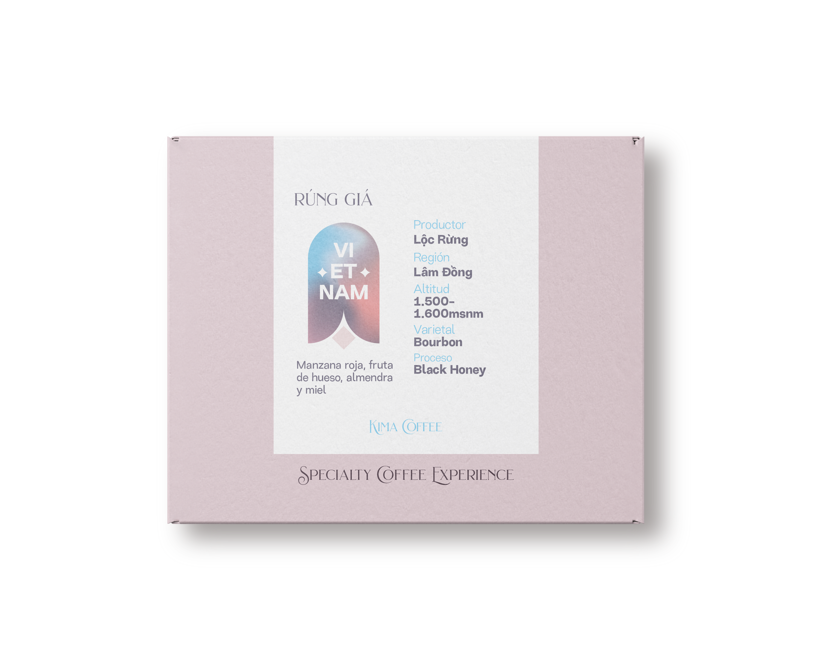 Caja rosa de kima coffee, cafe de Vietnam, finca RÚNG GIÁ, producido por Lộc Rừng en la región de Lâm Đồng, cultivado entre 1500 y 1650 metros sobre el nivel del mar, varietal bourbon, proceso Balck honey con notas a 
Manzana roja, fruta de hueso, almendra y miel