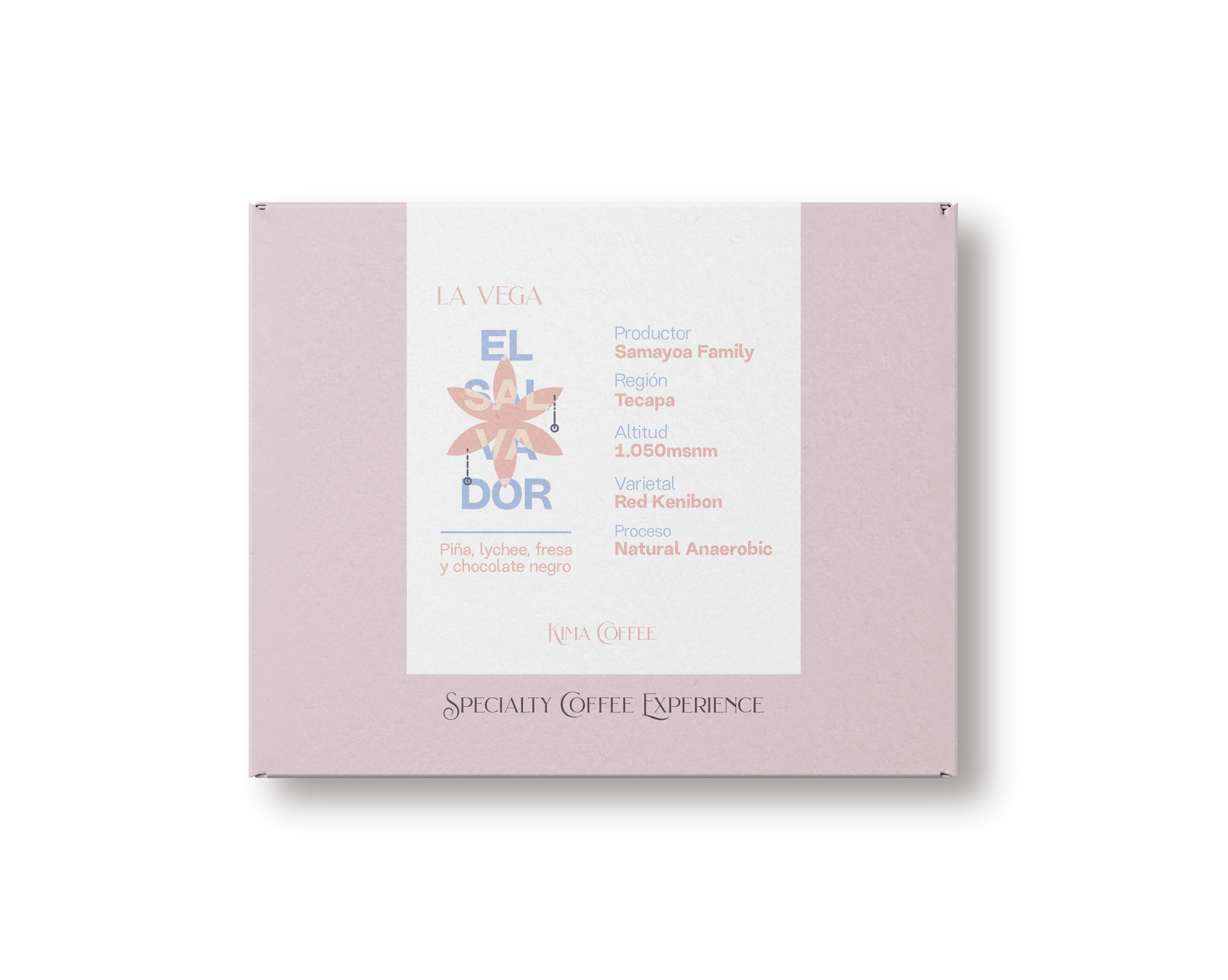 Caja rosa de kima coffee, café de El Salvador, finca la vega, producido por Samayoa Family en la región de tecapa, cultivado a 1050 metros sobre el nivel del mar, varietal Red Kenibon, proceso natural anaerobic con notas a Piña, lychee, fresa y chocolate negro