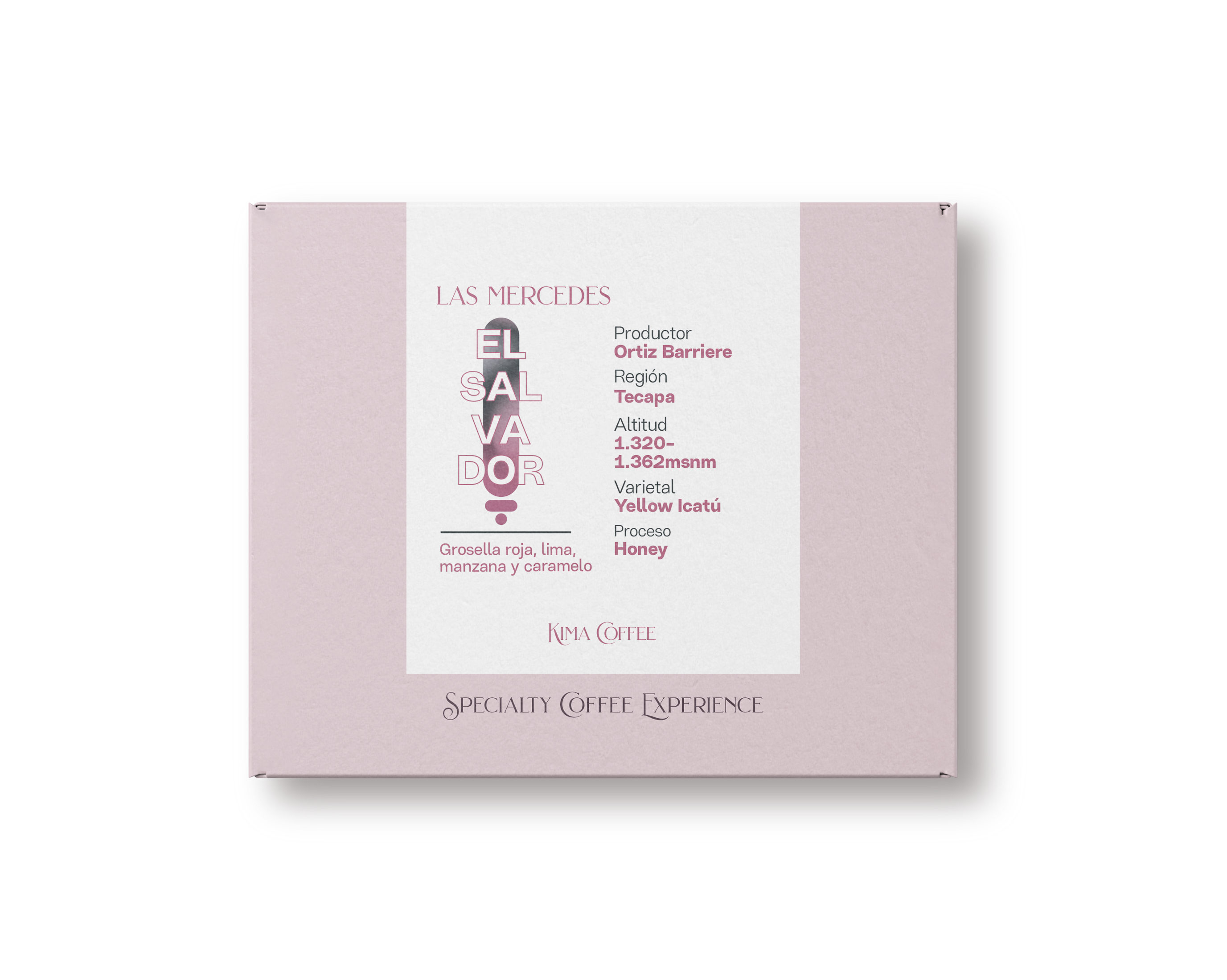 Caja rosa de kima coffee, café de El Salvador, finca las Mercedes, producido por Ortiz Barriere en la región de tecapa, cultivado entre 1320 y 1362 metros sobre el nivel del mar, varietal yellow icatu, proceso honey con notas a Grosella roja, lima, manzana y caramelo.