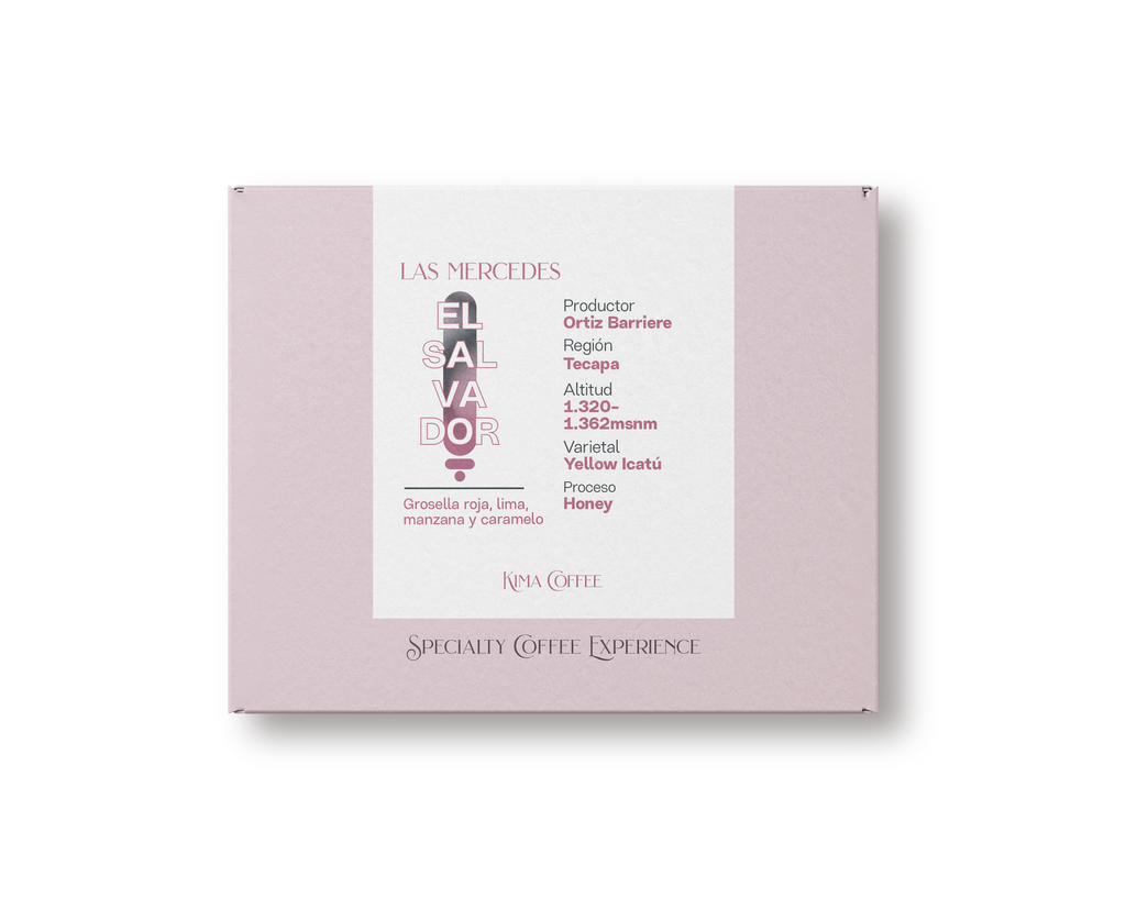 Caja rosa de kima coffee, café de El Salvador, finca las Mercedes, producido por Ortiz Barriere en la región de tecapa, cultivado entre 1320 y 1362 metros sobre el nivel del mar, varietal yellow icatu, proceso honey con notas a Grosella roja, lima, manzana y caramelo.