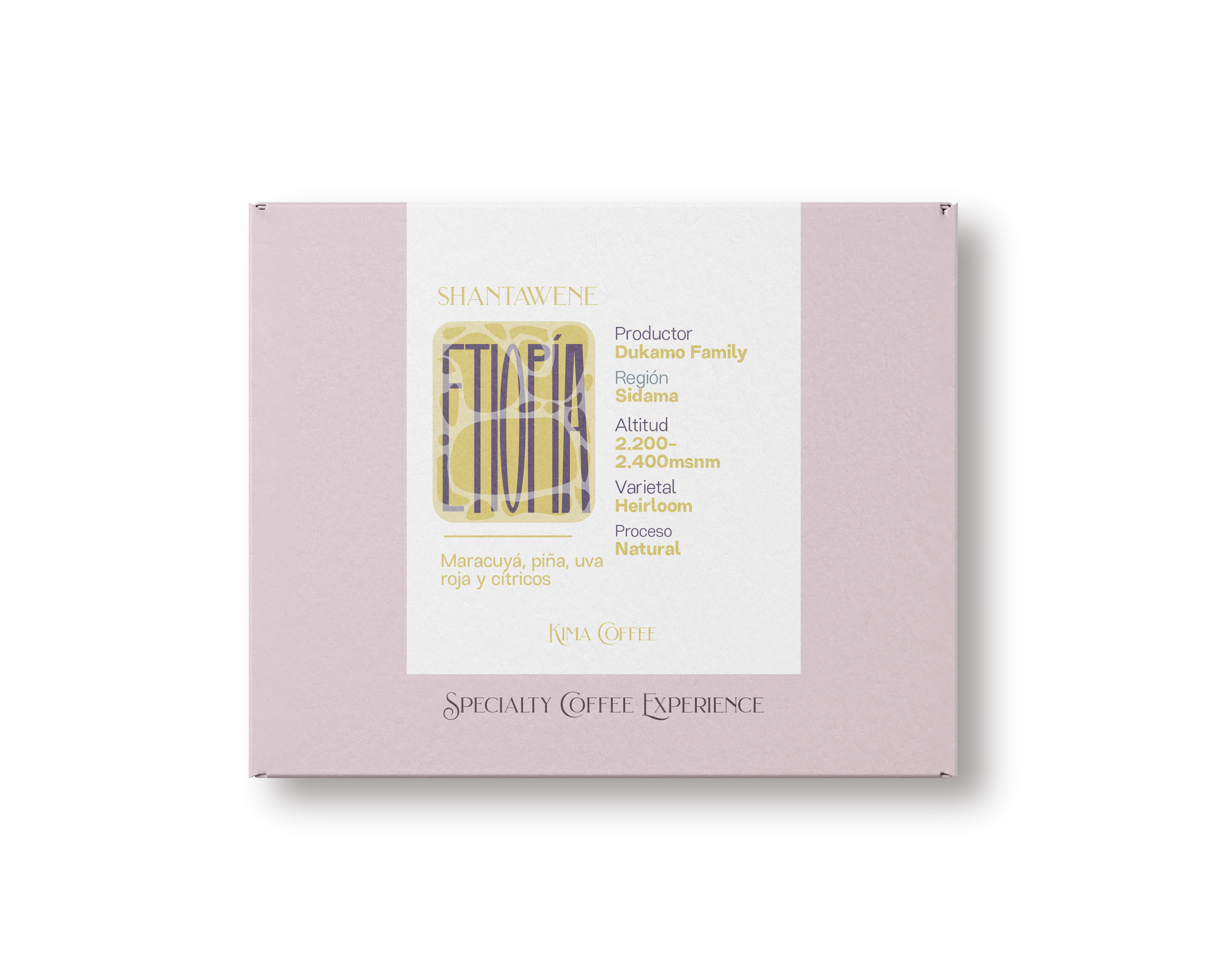 Caja rosa de kima coffee, cafe de Etiopia, finca Shantawene, producido por la familia dukamo en la región de Sidama, cultivado entre 2200 y 2400 metros si te el nivel del mar, varietal heirloom, proceso natri con notas a Maracuya, piña, uva roja y citricos