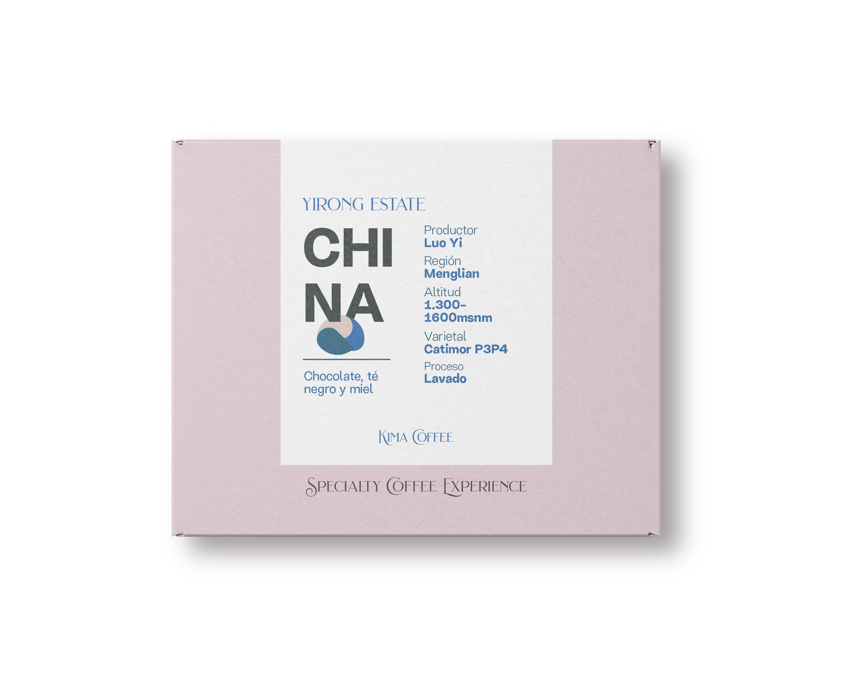 Caja rosa de kima coffee, café de China,
Finca Yirong estate producido por Luo Yi en la región de Menglian a una altitud entre 1300 y 1600 metros sobre el nivel del mar, varietal Caturra purple , proceso lavado con notas a Chocolate, té negro y miel