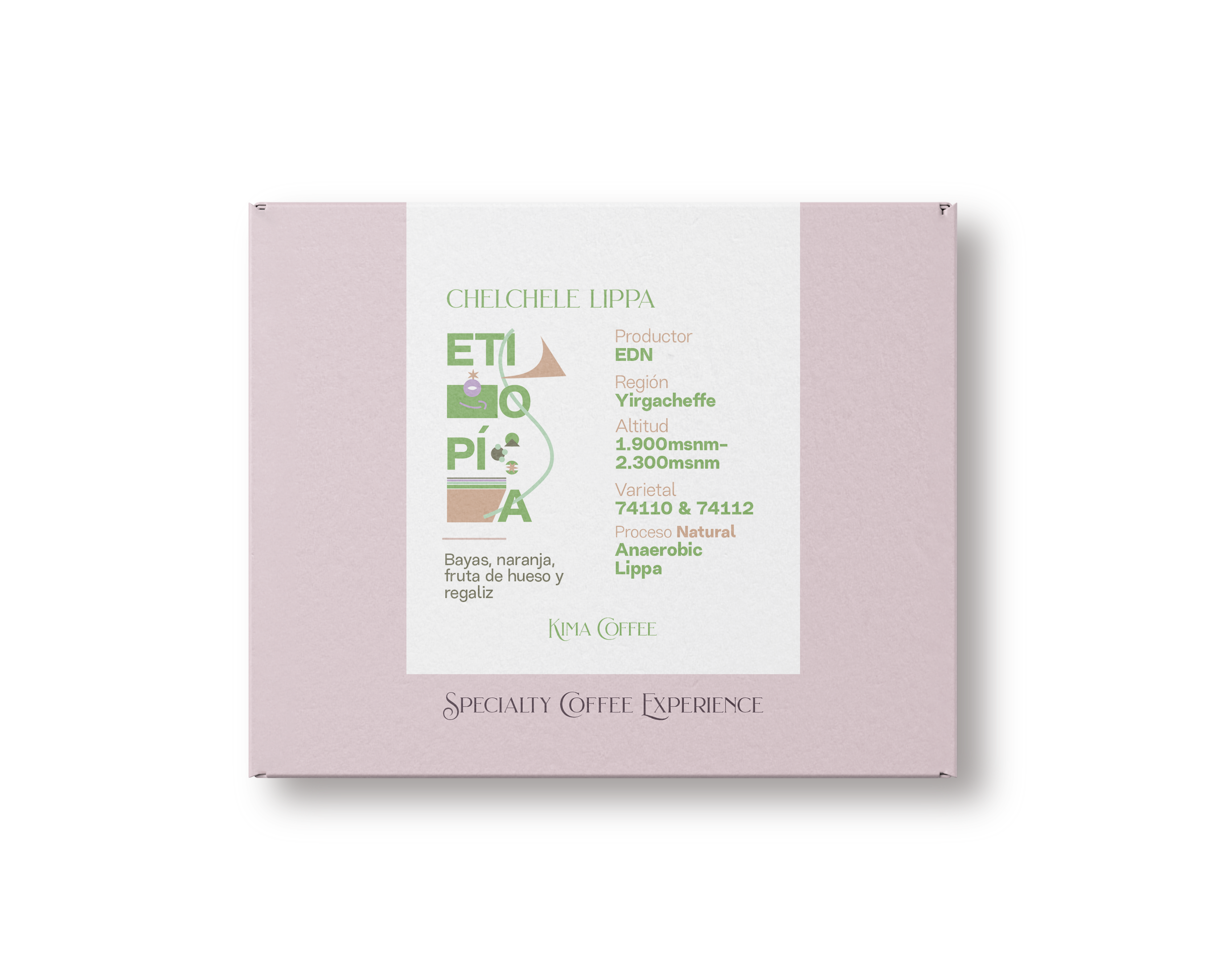 Caja de café rosa de kima coffee, café de Etiopía, finca chelchele lippa, producido por EDN en la región de Yirgacheffe, cultivado entre 1900 y 2300 metros sobre el nivel del mar, varietal 74110 & 74112, proceso natural anaerobic lippa  con notas a Bayas, naranja, fruta de hueso y regaliz.