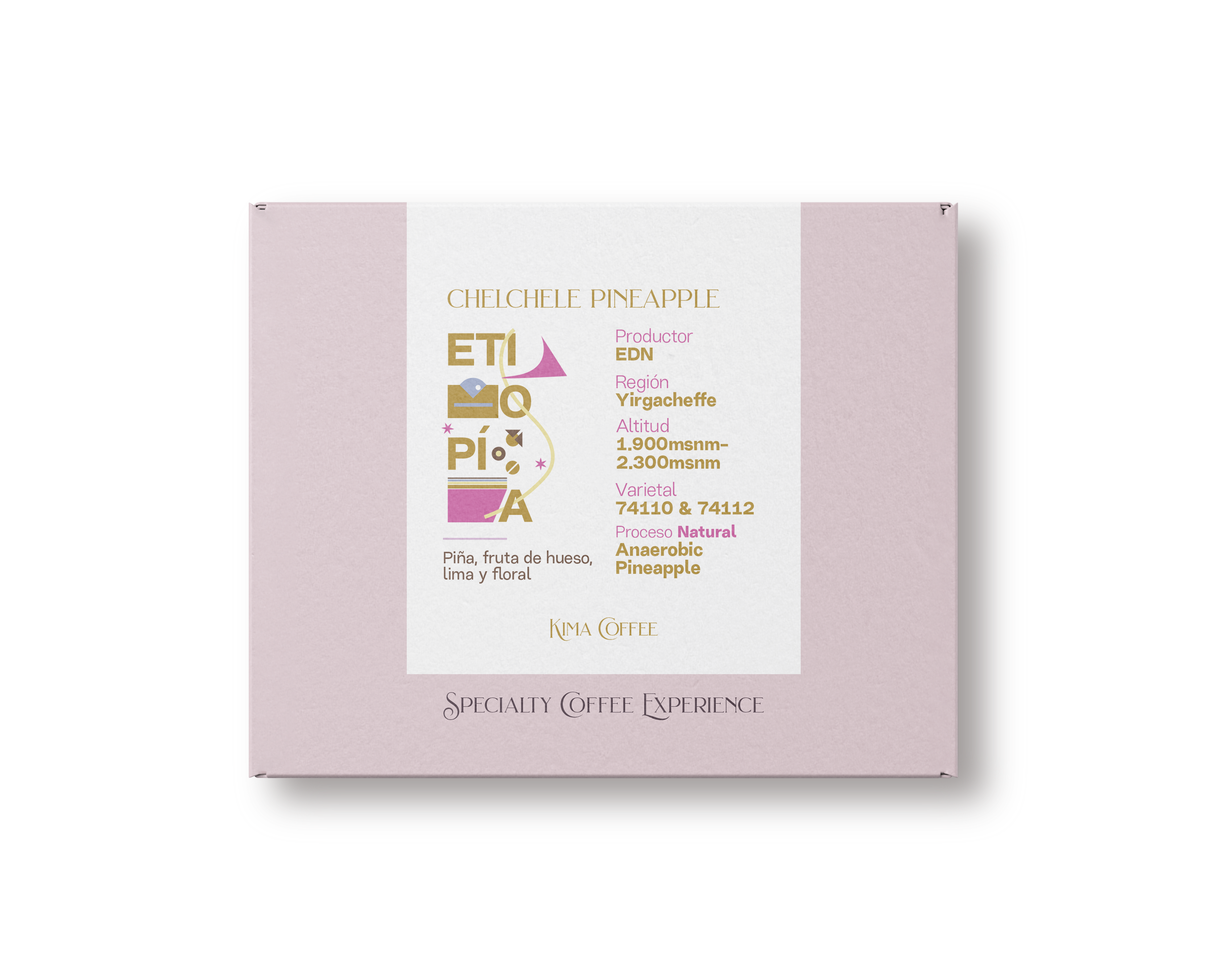 Caja de café rosa de kima coffee, café de Etiopía, finca chelchele pineapple, producido por EDN en la región de Yirgacheffe, cultivado entre 1900 y 2300 metros sobre el nivel del mar, varietal 74110 & 74112, proceso natural anaerobic pineapple con notas a Piña, fruta de hueso, Lima y floral.