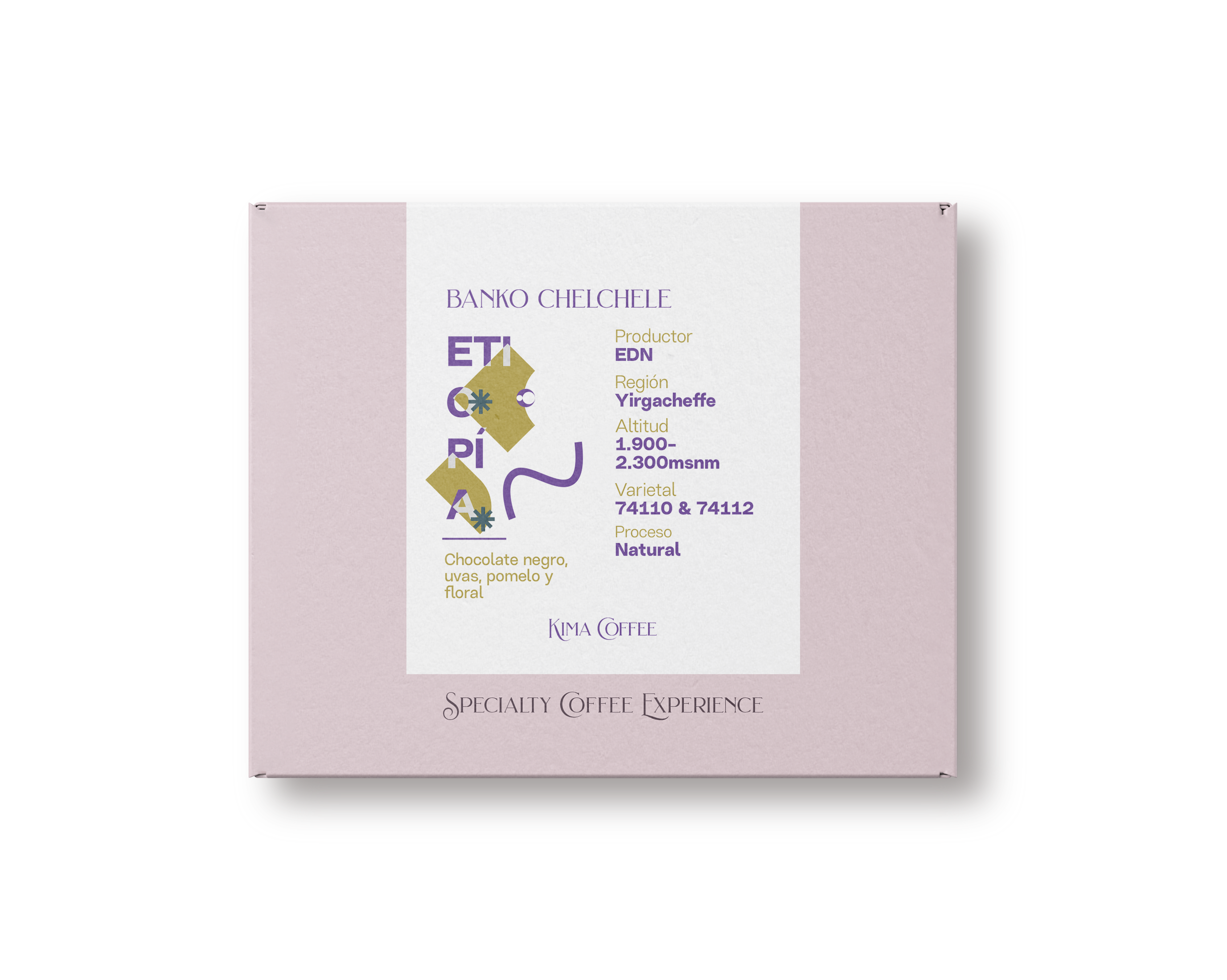 Caja rosa de kima coffee, cafe de Etiopia,finca banko chelchele, producido por EDN, en la región de yirgacheffe, cultivado entre 1900 y 2300 metros sobre el nivel del mar, varietal 74110 y 84112, proceso natural con notas a Chocolate negro, uvas, pomelo y floral 