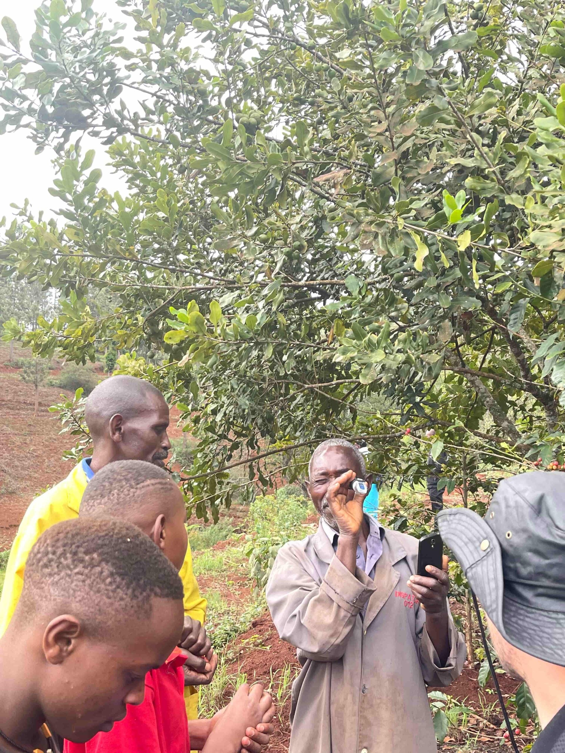 John Ngunjiri junto a otros agricultores de la finca ichamama en Kenia, midiendo los grados Brix de las cerezas de café 