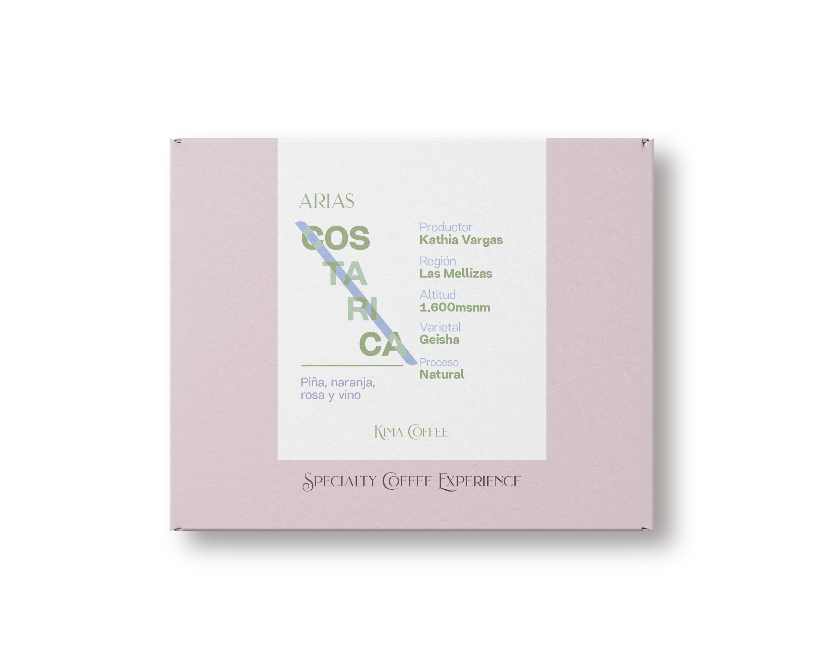 Caja rosa de kima coffee, cafe de Costa Rica, finca arias producido por kathia arias en la región de Las Mellizas, cultivado a 1600 metros sobre el nivel el mar, varietal geisha, proceso natural con notas a Piña, naranja, rosa y vino.