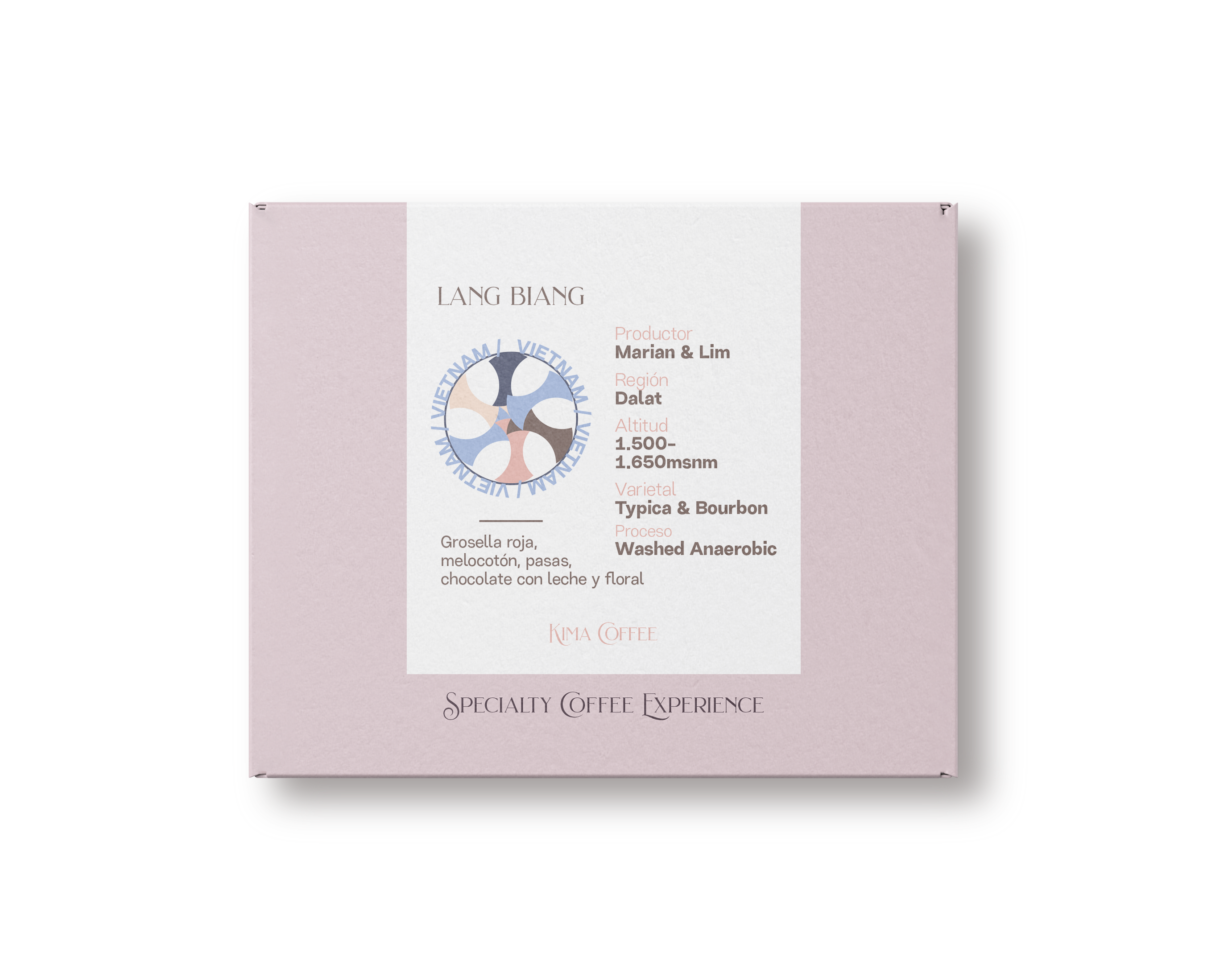 Caja rosa de café, café de Vietnam, finca lang biang producido por Marian y Kim en la región de dalat, altitud entre 1500 y 1650 metros sobre el nivel del mar, varietal typica y bourbon, proceso lavado anaerobic con notas a Grosella roja, melocotón, pasas, chocolate con leche y floral