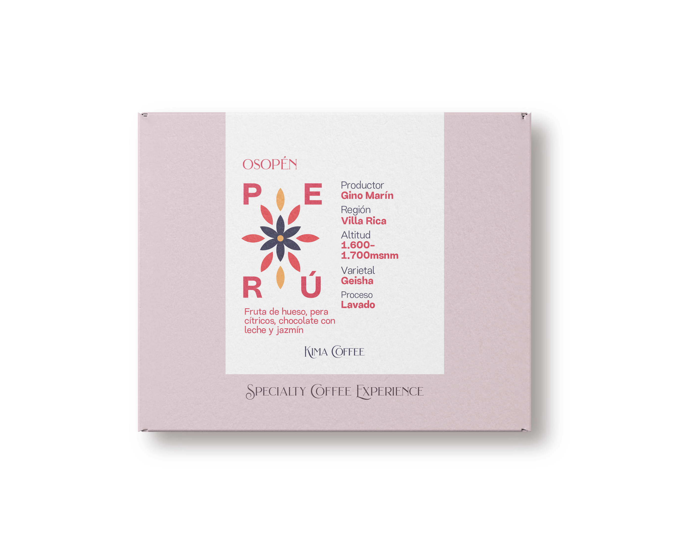 Caja rosa de kima coffee, cafe de Peru,
Finca osopen, producido por Gino Marín en la región de villa rica, cultivado a 1.600 y 1.700 metros sobre el nivel del mar, varietal geisha, proceso la vado con notas a Fruta de hueso, pera cítricos, chocolate con leche y jazmín