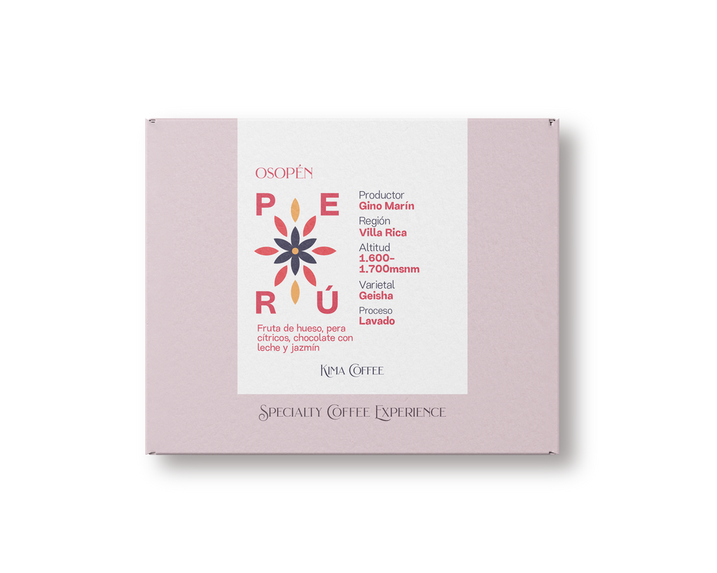 Caja rosa de kima coffee, cafe de Peru,
Finca osopen, producido por Gino Marín en la región de villa rica, cultivado a 1.600 y 1.700 metros sobre el nivel del mar, varietal geisha, proceso la vado con notas a Fruta de hueso, pera cítricos, chocolate con leche y jazmín