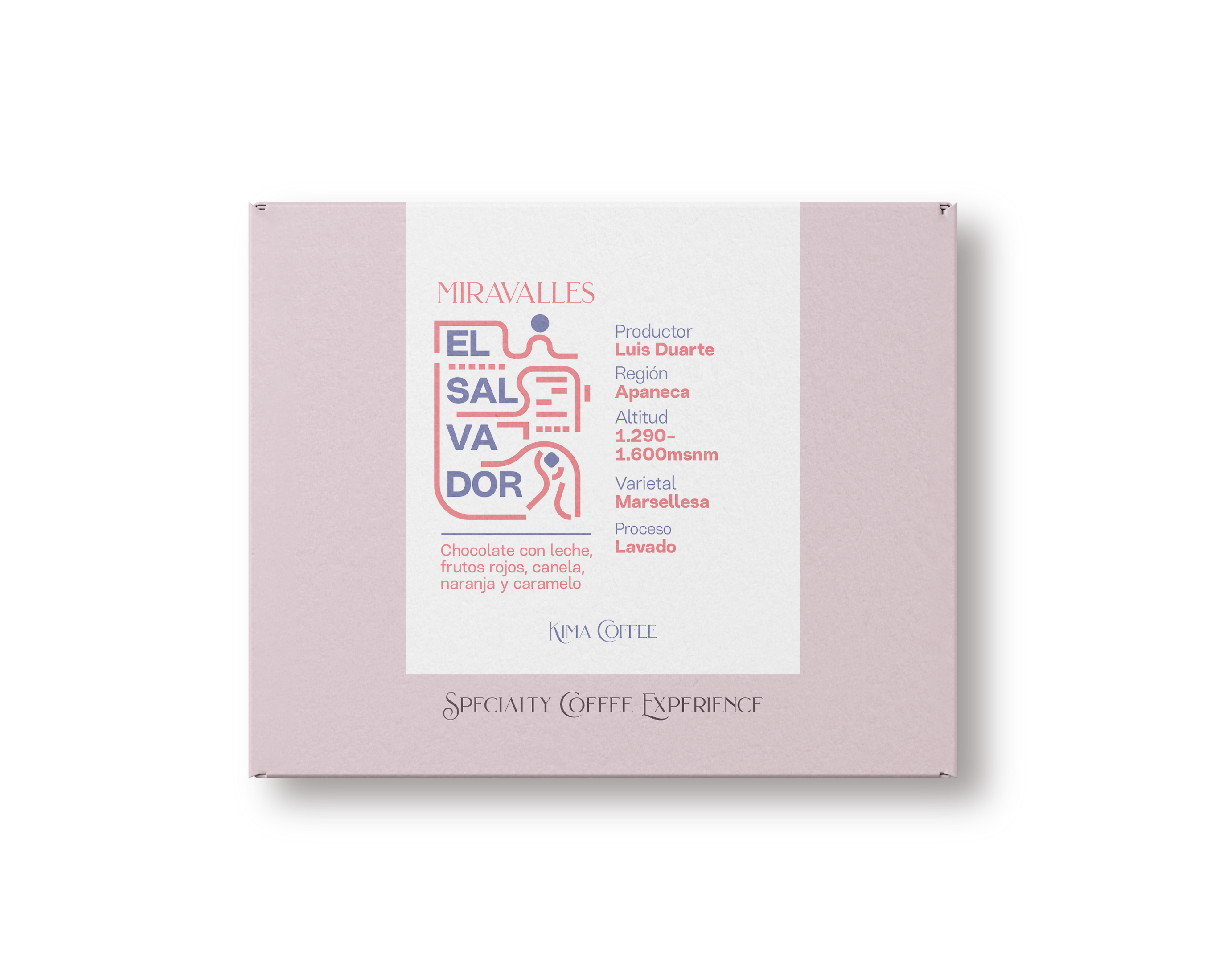 Caja rosa de kima coffee, café de El Salvador, finca miravalles, producido por Luis  Duarte en la Regina de Apaneca, cultivado entre 1290 y 1600 metros sobre el nivel del mar, varietal marsellesa proceso lavado con notas a Chocolate con leche, frutos rojos, canela, naranja y caramelo.