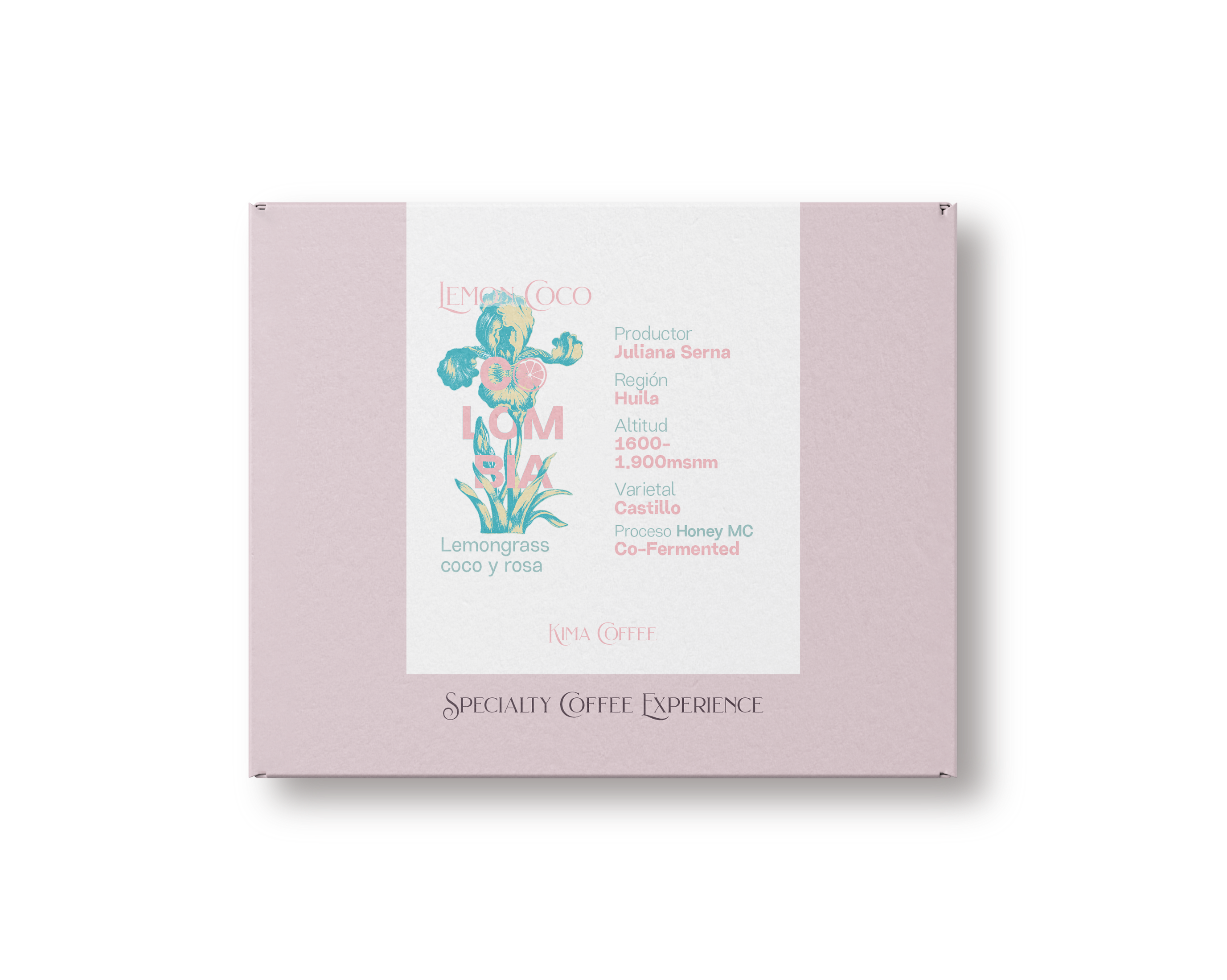 Caja rosa de kima coffee, café de Colombia, lemon coco producido por juliana Serna en la región de Huila, varietal castillo, cultivado entre 1600 y 1900 metros sobre el nivel del mar, proceso honey co fermented Mc con notas a lemongrass, coco y Rosa 