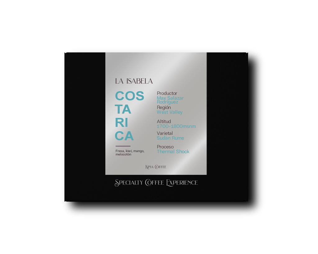 Caja negra de kima coffee, café de Costa Rica, finca la Isabela producido por Max Salazar Rodríguez, en la región de west valle, varietal Sudán Rume,
Prceso thermal shock con notas a fresa, kiwi, mango y melocotón.