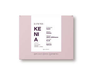 caja rosa de kima coffee, cafe de kenia, finca kamundu, del productor sasini, region de kiambu, altitud entre 1800 y 1950 metros sobre el nivel del mar,varietal sl-34, proceso natural con notas a fruta tropical,manzana, caramelo y natillas