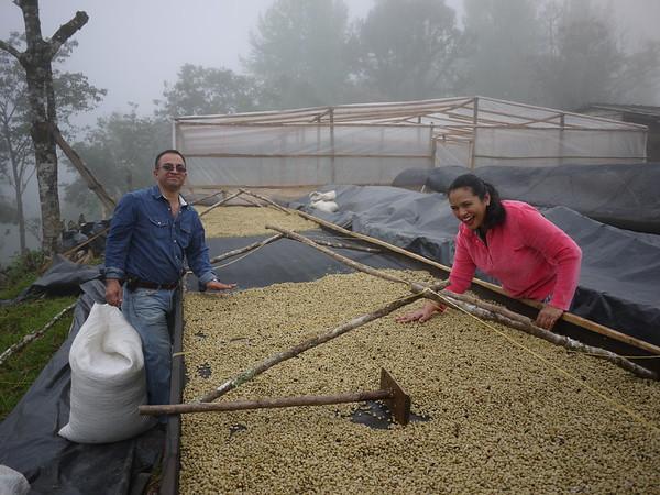 Moises Herrera y Marysabel Caballero moviendo los granos de café y pasando un buen rato para el cultivo del café de honduras Finca los Caballeros tostado en Málaga, España por Kima Coffee