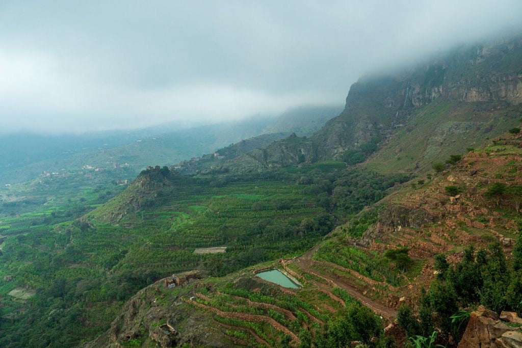 Imagen del paisaje agreste de Yemen donde se cultiva café desde hace siglos. Típicas terrazas de cultivo de café en Yemen